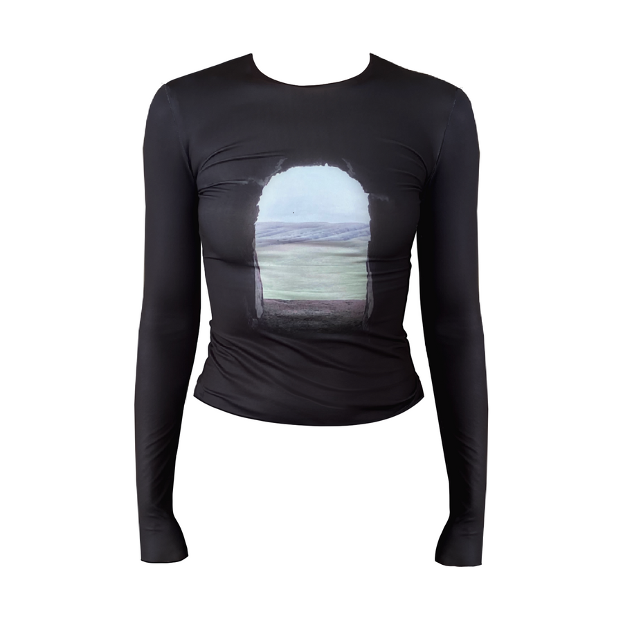 Black sweater with printed nature landscape and long sleeves