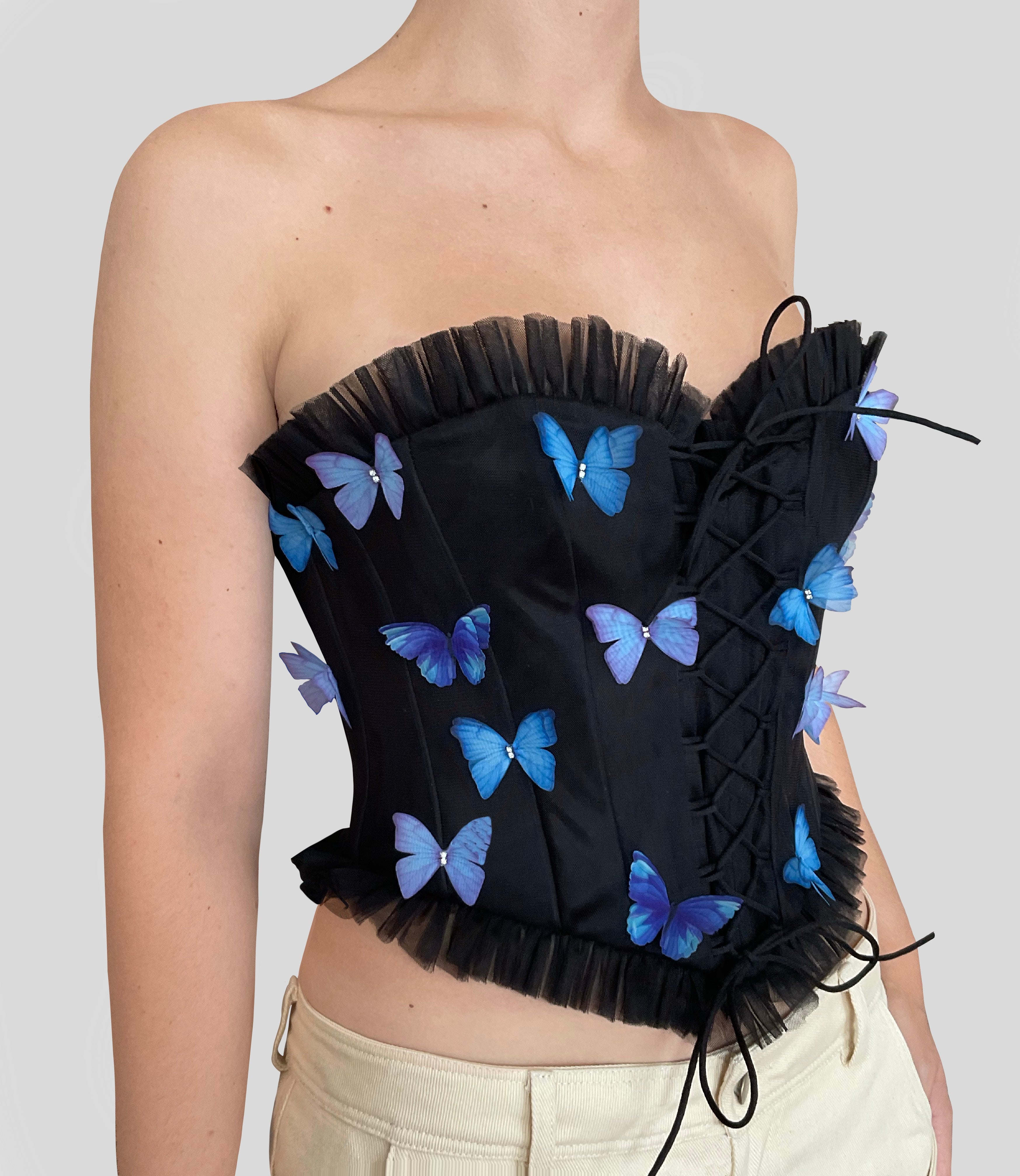 Black corset with embroidered butterflies
