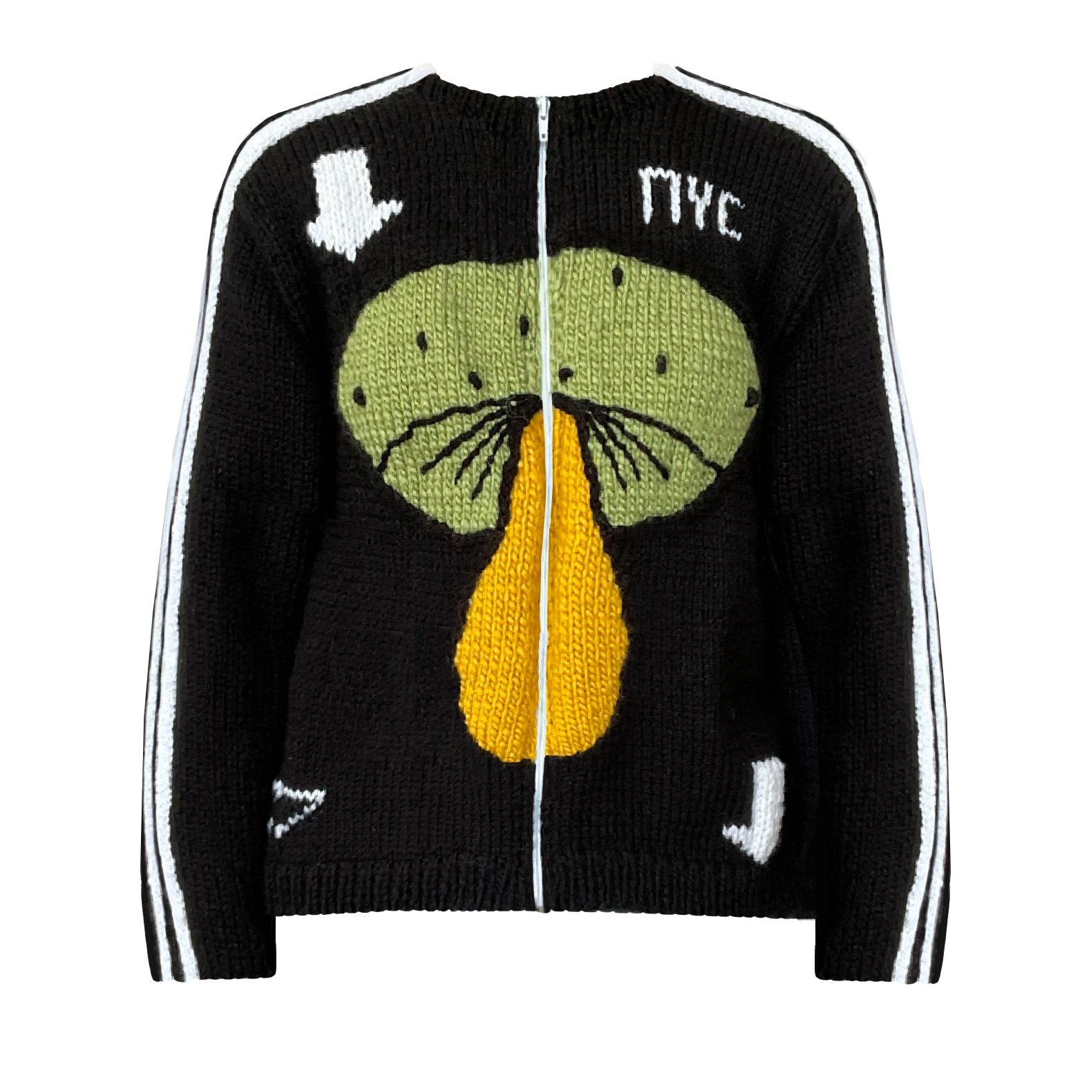Black zippered knitted sweater with long sleeves and mushroom design