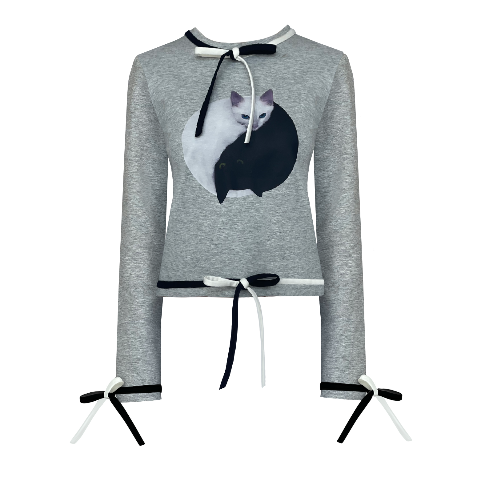 Grey sweater with bows and printed cats