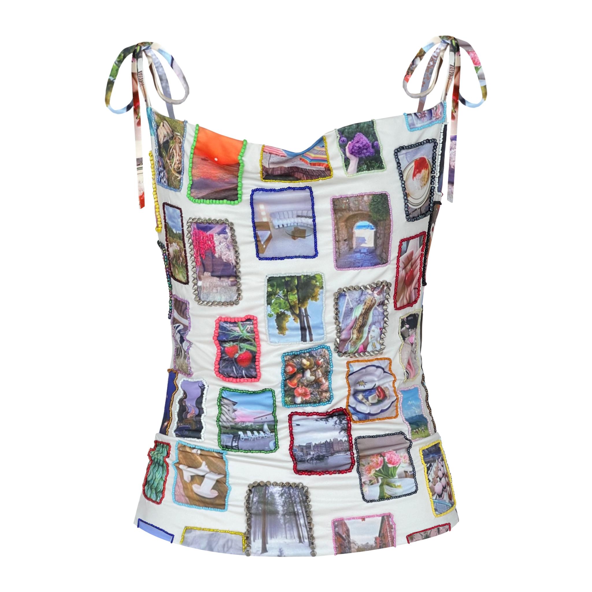Tank top made from mesh and beads with printed fabric with pictures