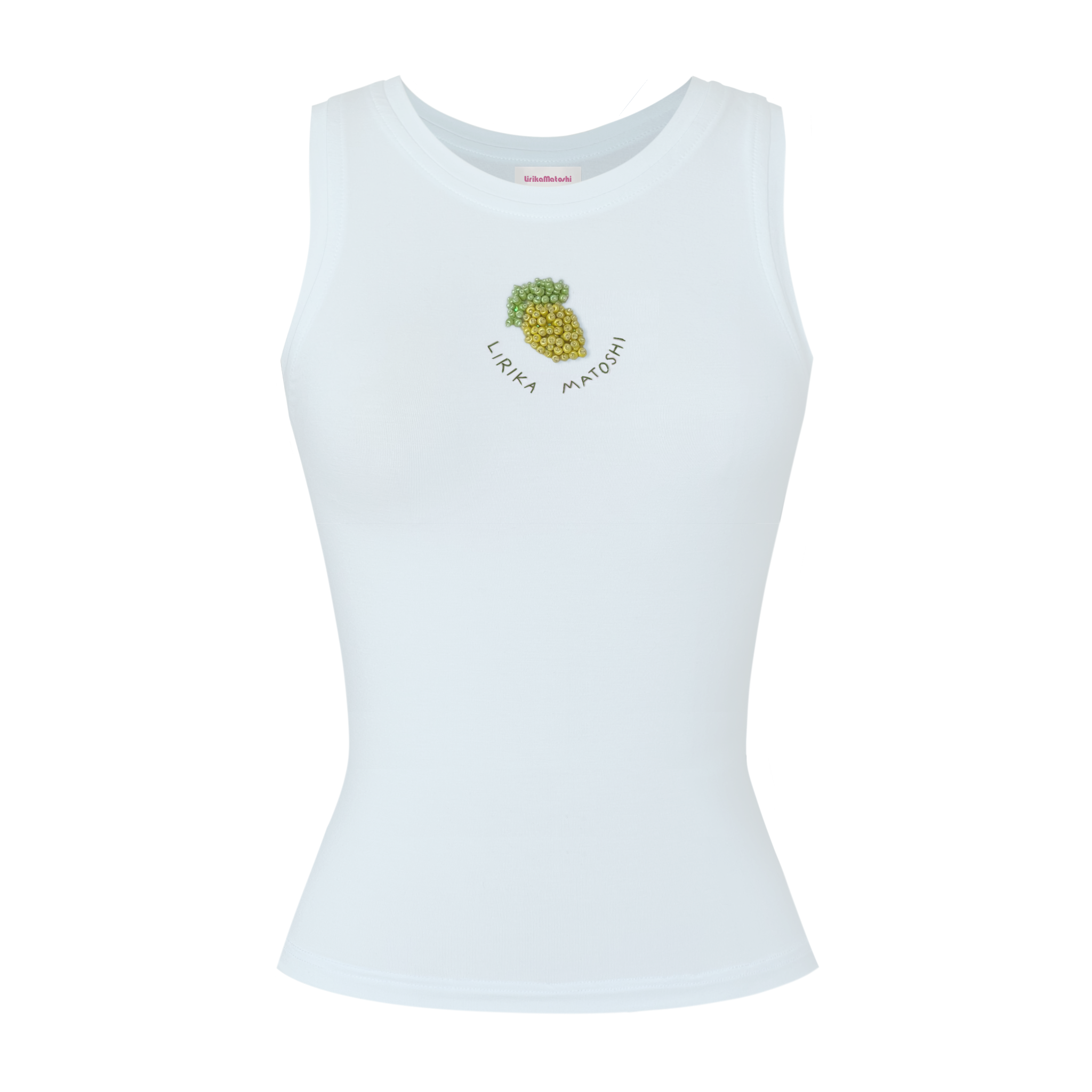 White tank top with lemon design and text