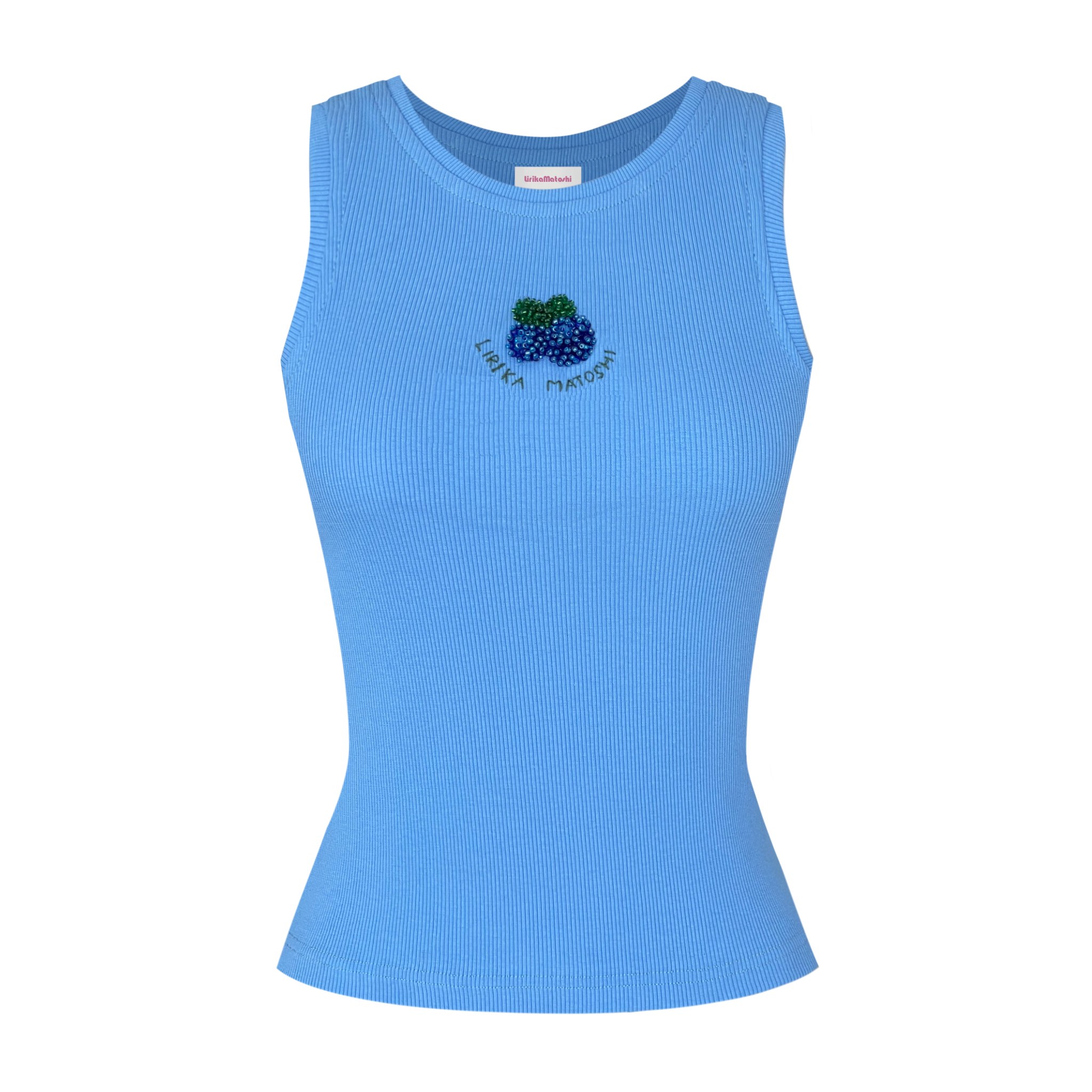 Blue tank top with blueberry design and text
