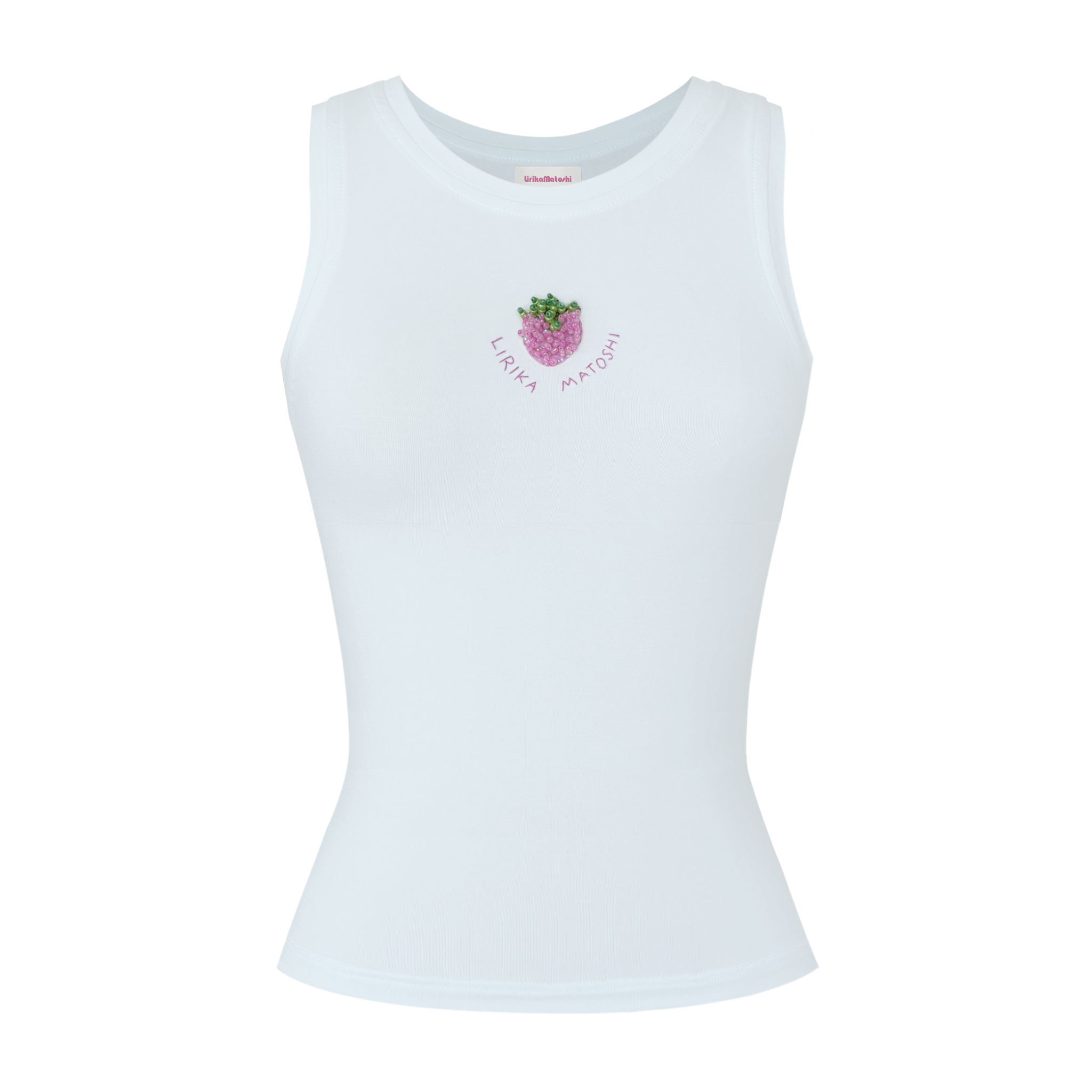 White tank top with pink strawberry design and text