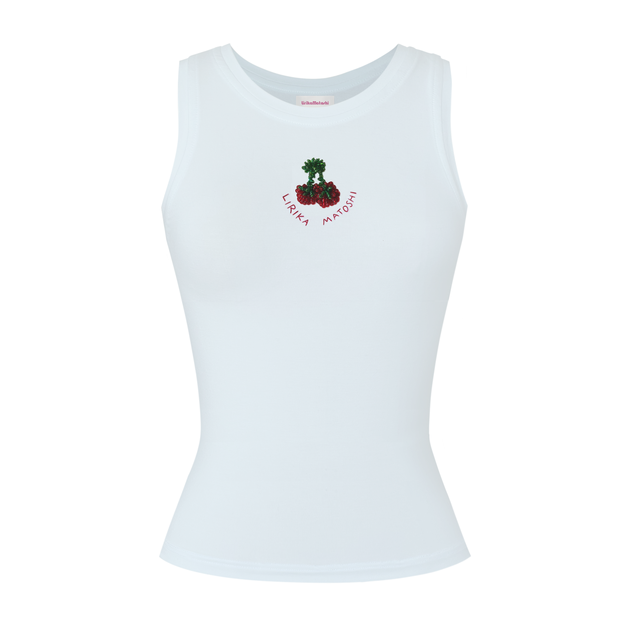 White tank top with a embroidered cherry logo