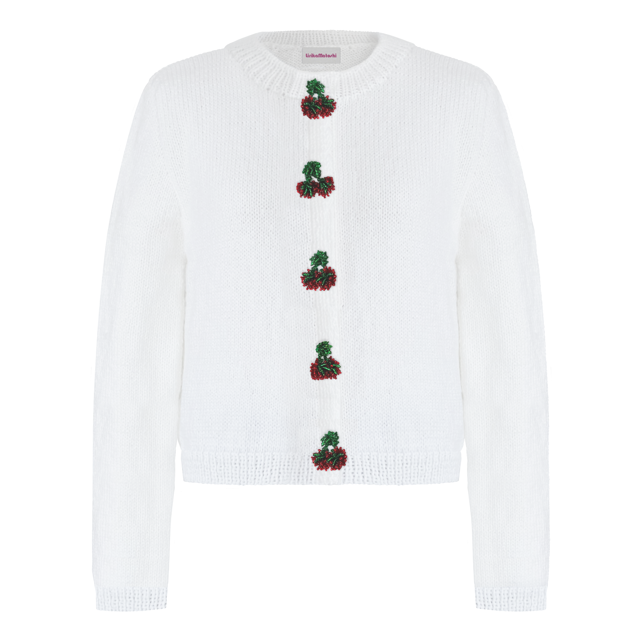 White sweater with embroidered cherries