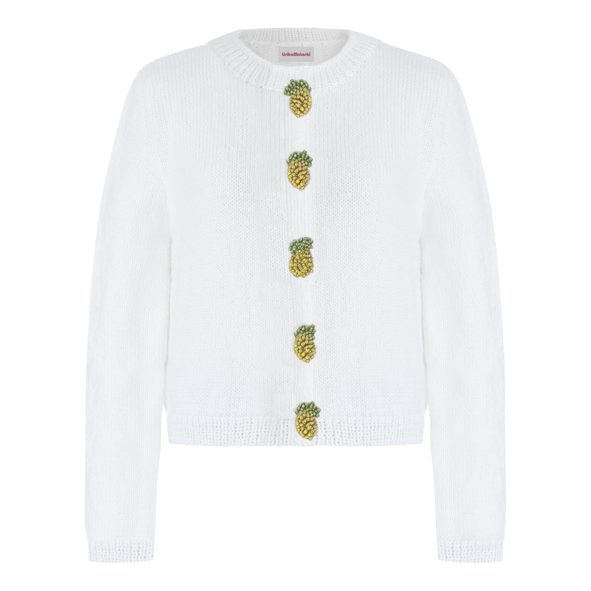 White sweater with embroidered pineapple buttons