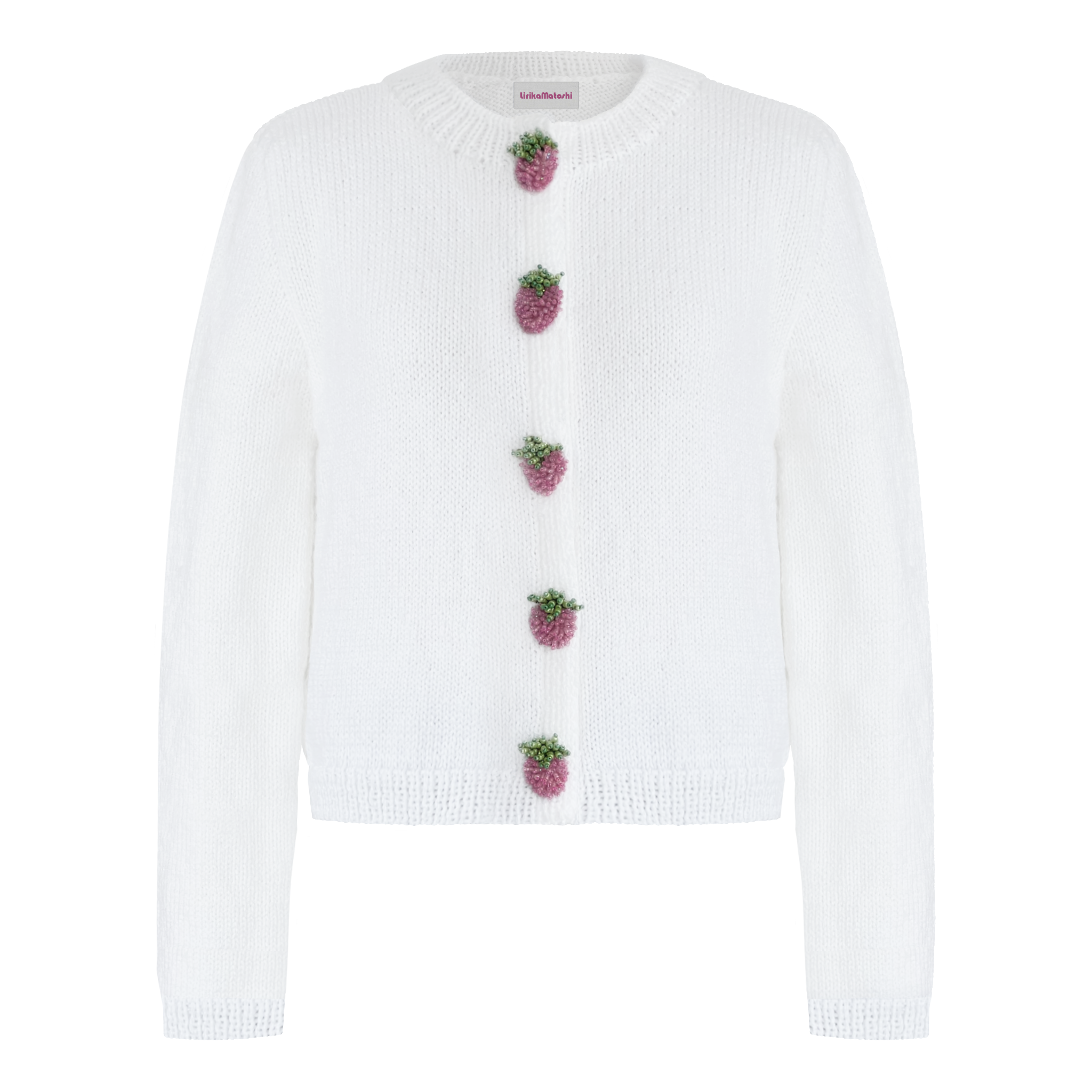 White cardigan with embroidered pink strawberry buttons