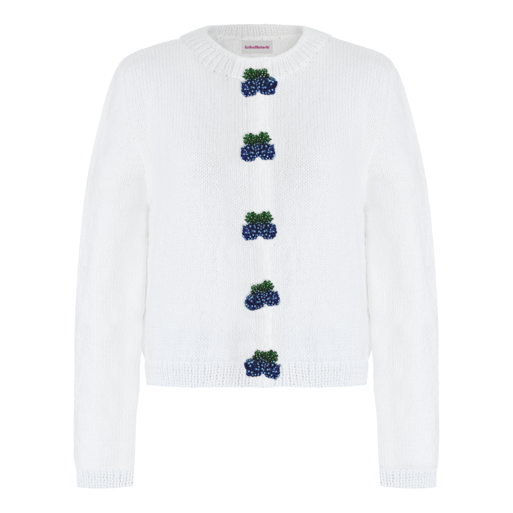 White cardigan with embroidered blueberry designs