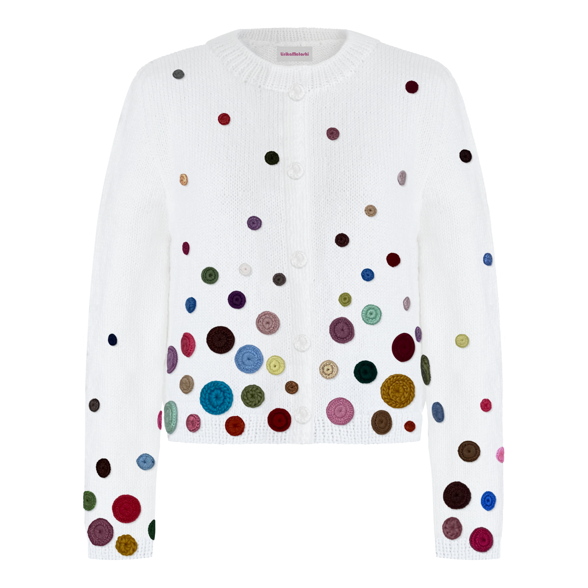 White sweater with colorful polka buttons pattern