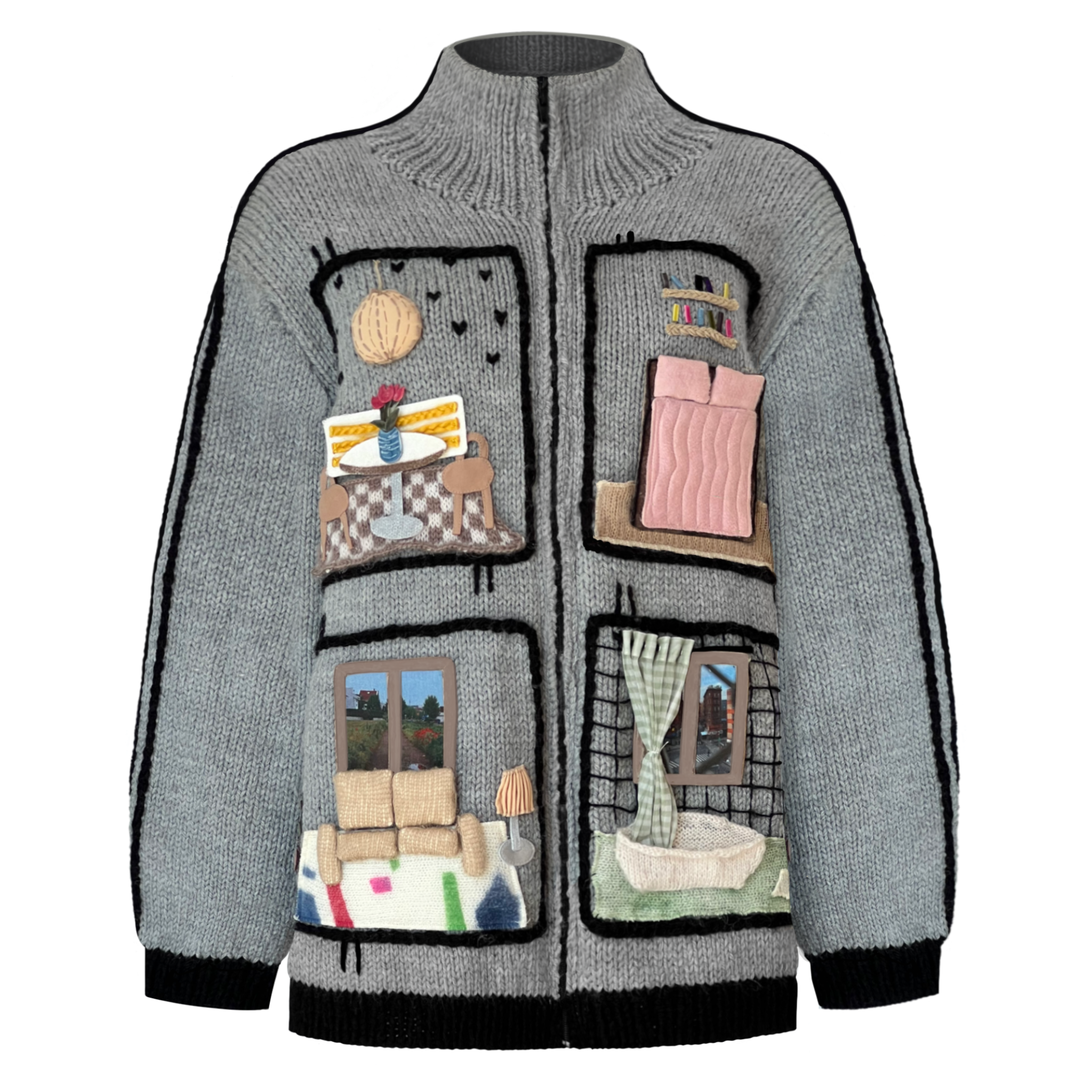 Gray sweater with decorative panels of a house