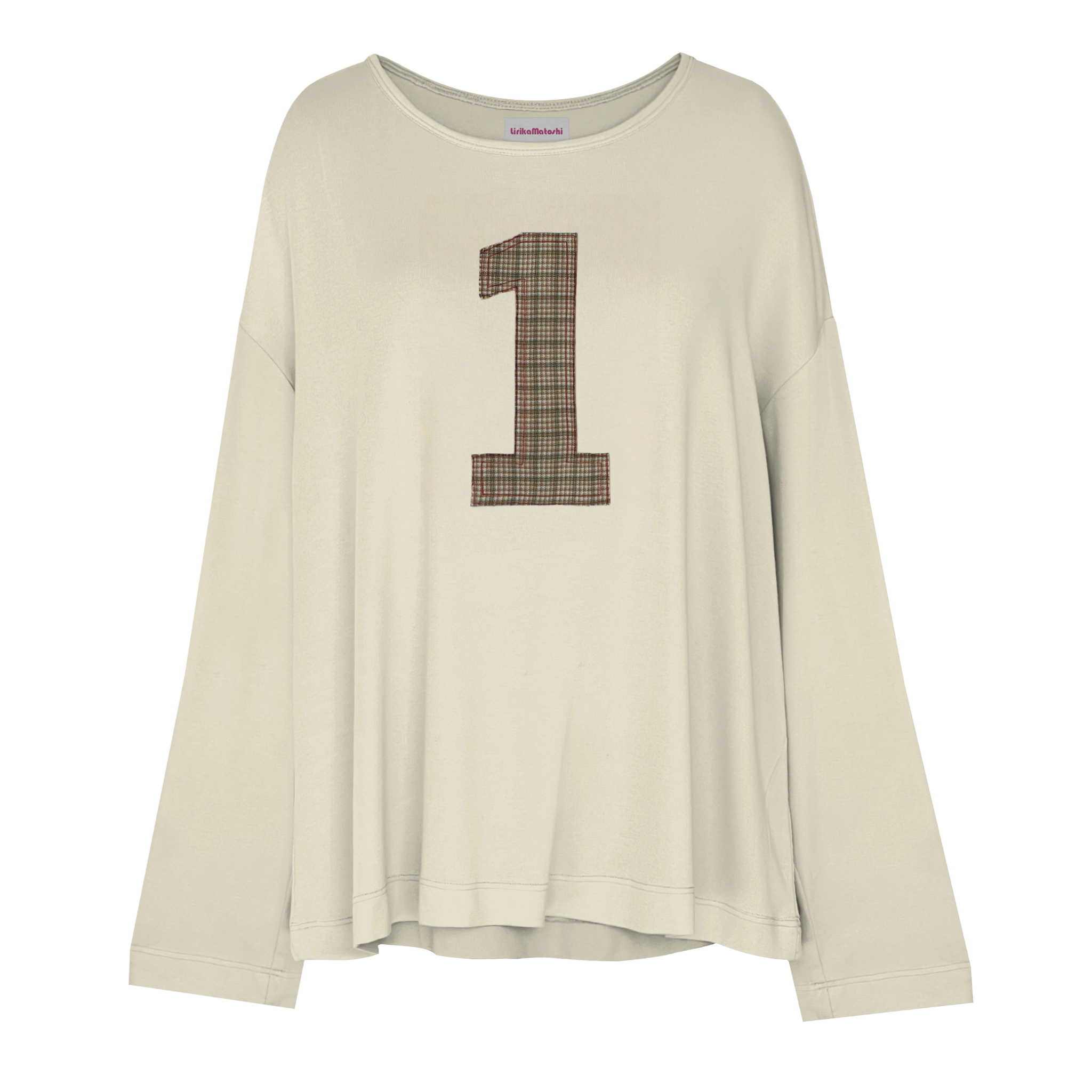Beige long-sleeve shirt with a plaid number '1'