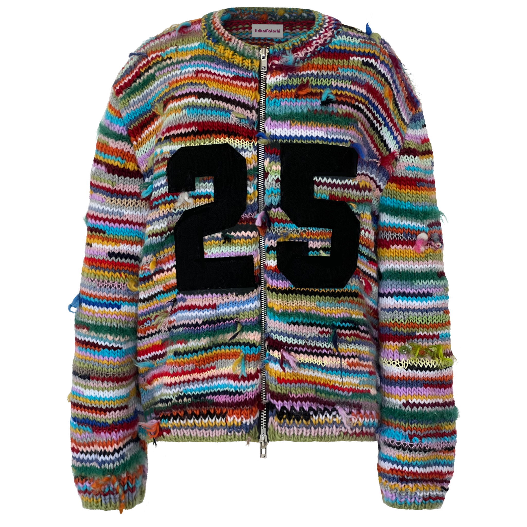 Colorful striped sweater jacket with a large number 25