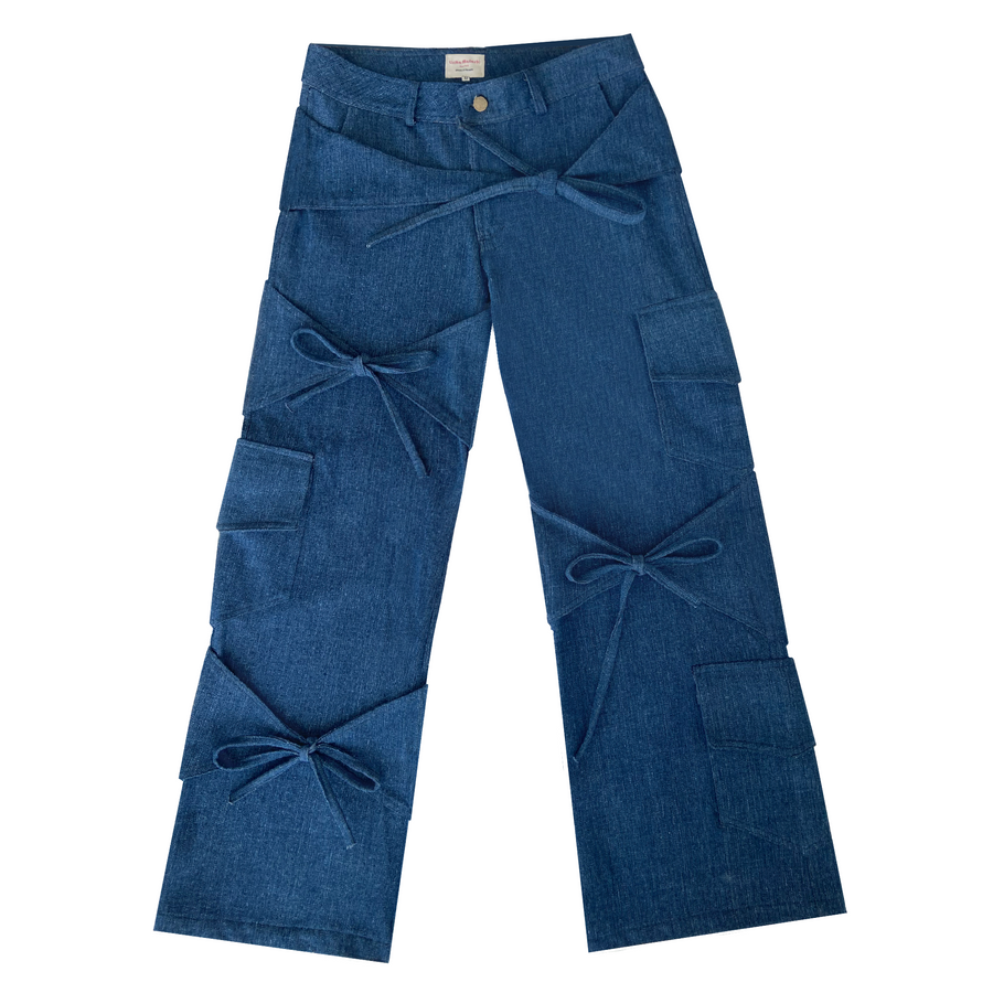 Blue denim pants with bows