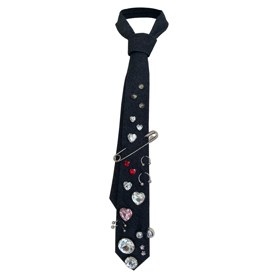 Crystal denim tie with embroidered gems