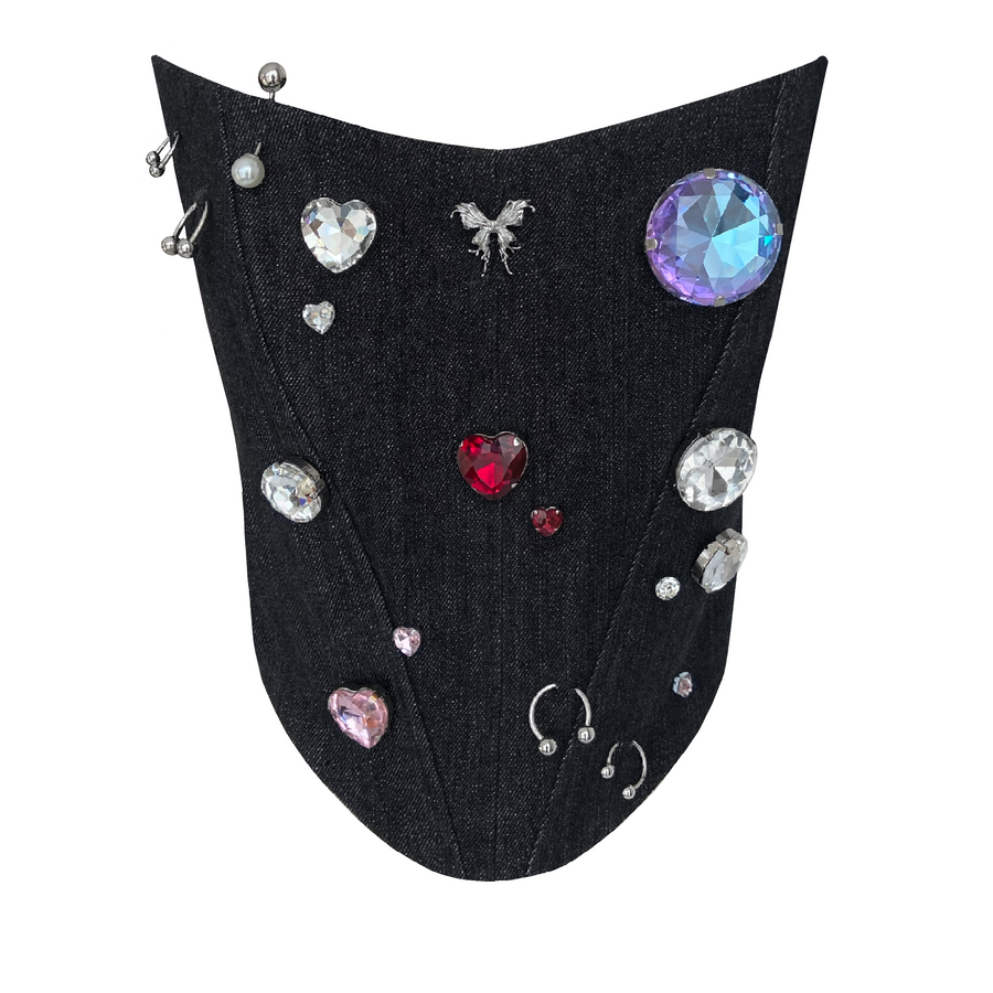 Denim corset with embroidered crystals