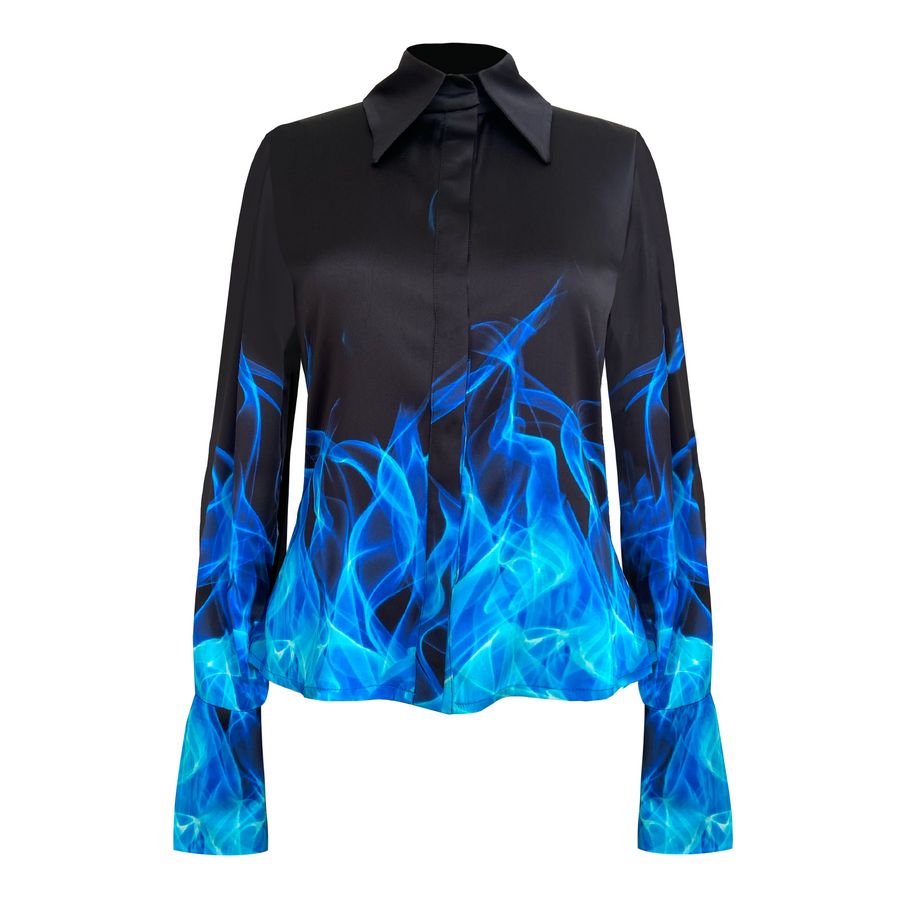 Black silk shirt with blue flames