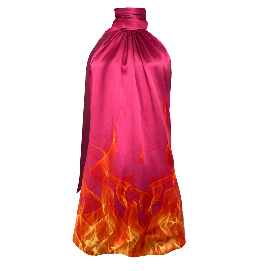 Pink mini silk dress with flames