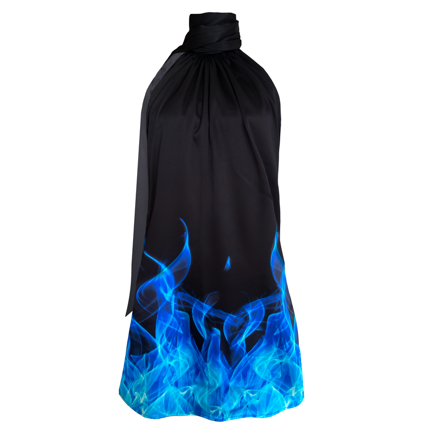 Black mini silk dress with blue flames
