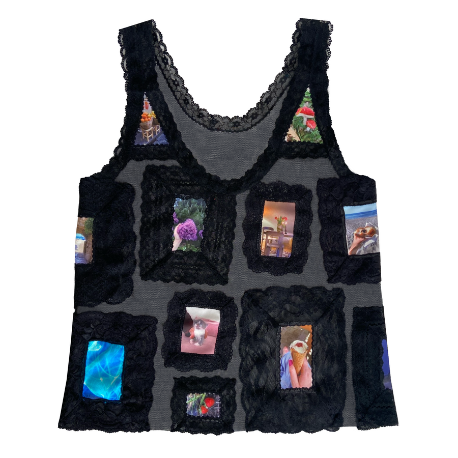 Black tank top with lace and embroidered pictures