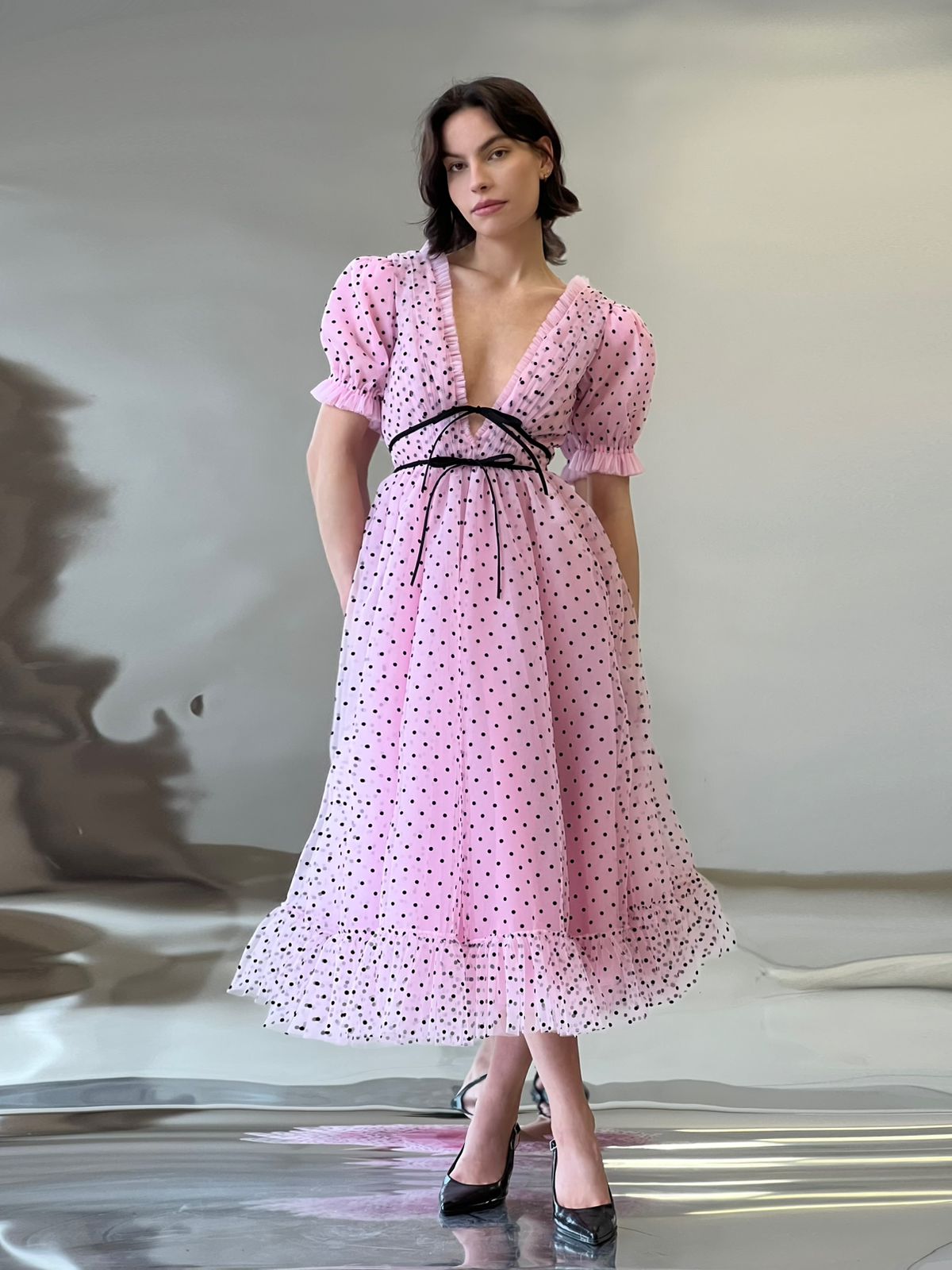 Pink tulle midi dress with black polka dots