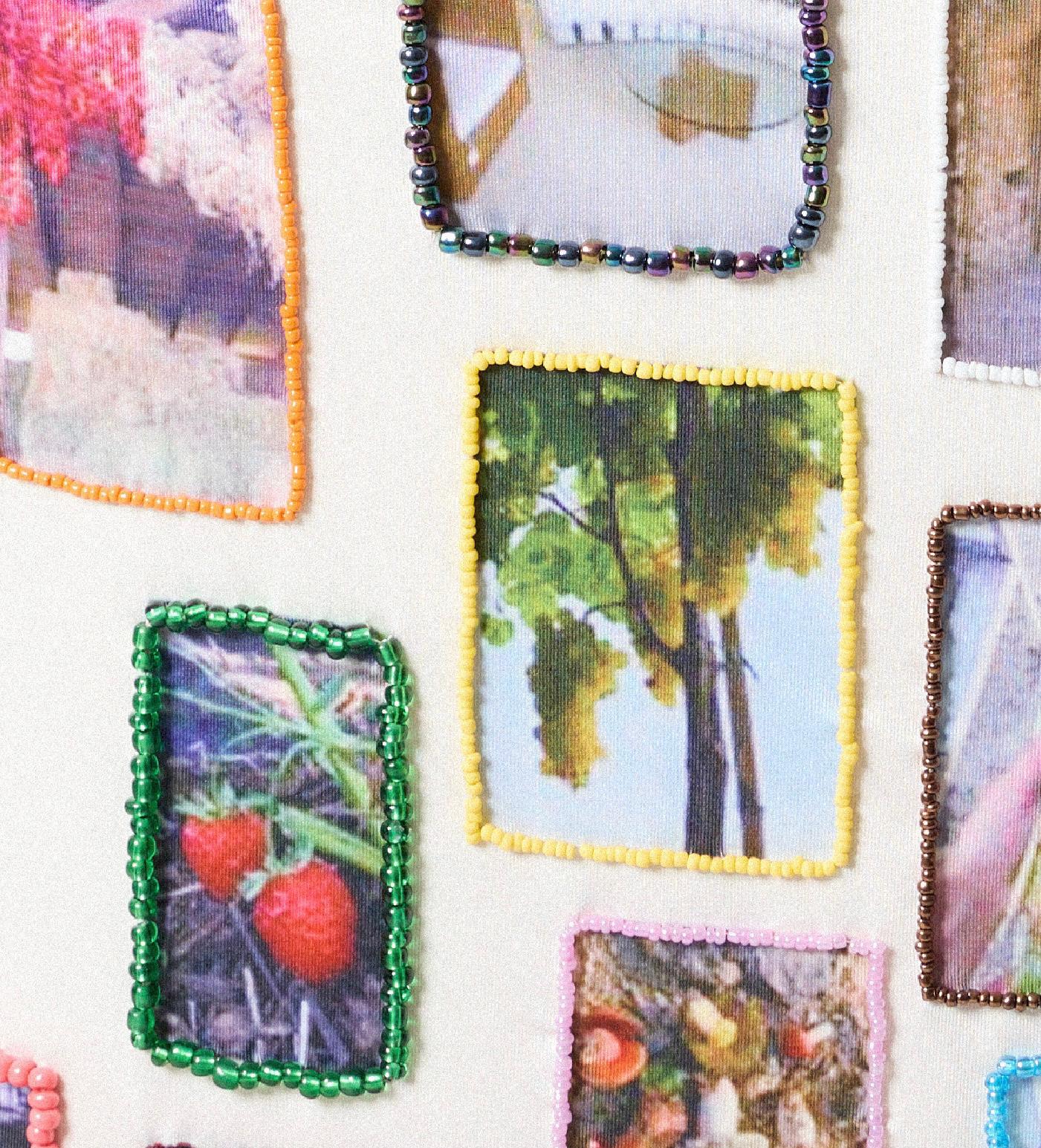 Tank top made from mesh and beads with printed fabric with pictures