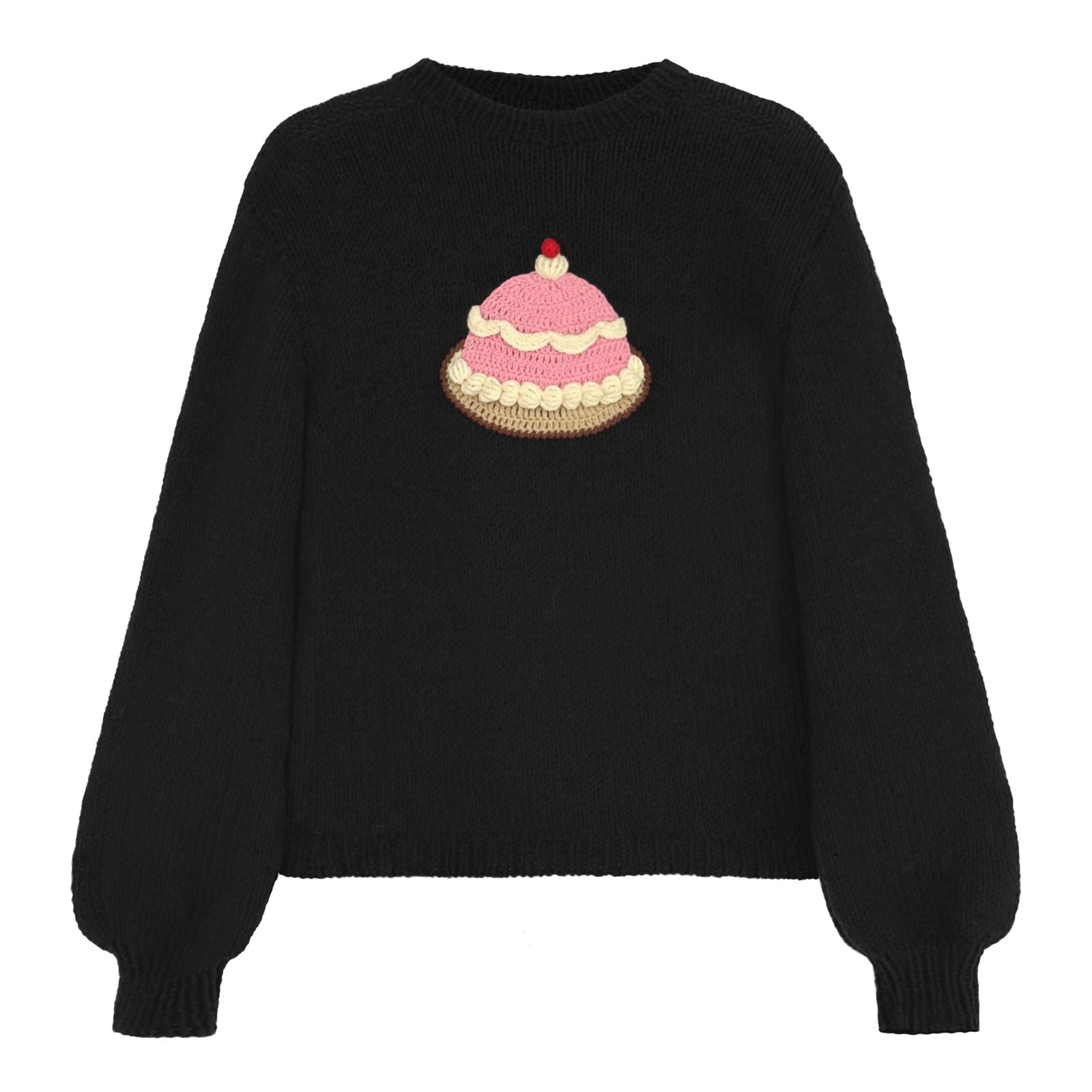 Black knitted sweater with a pink cake design embroidered