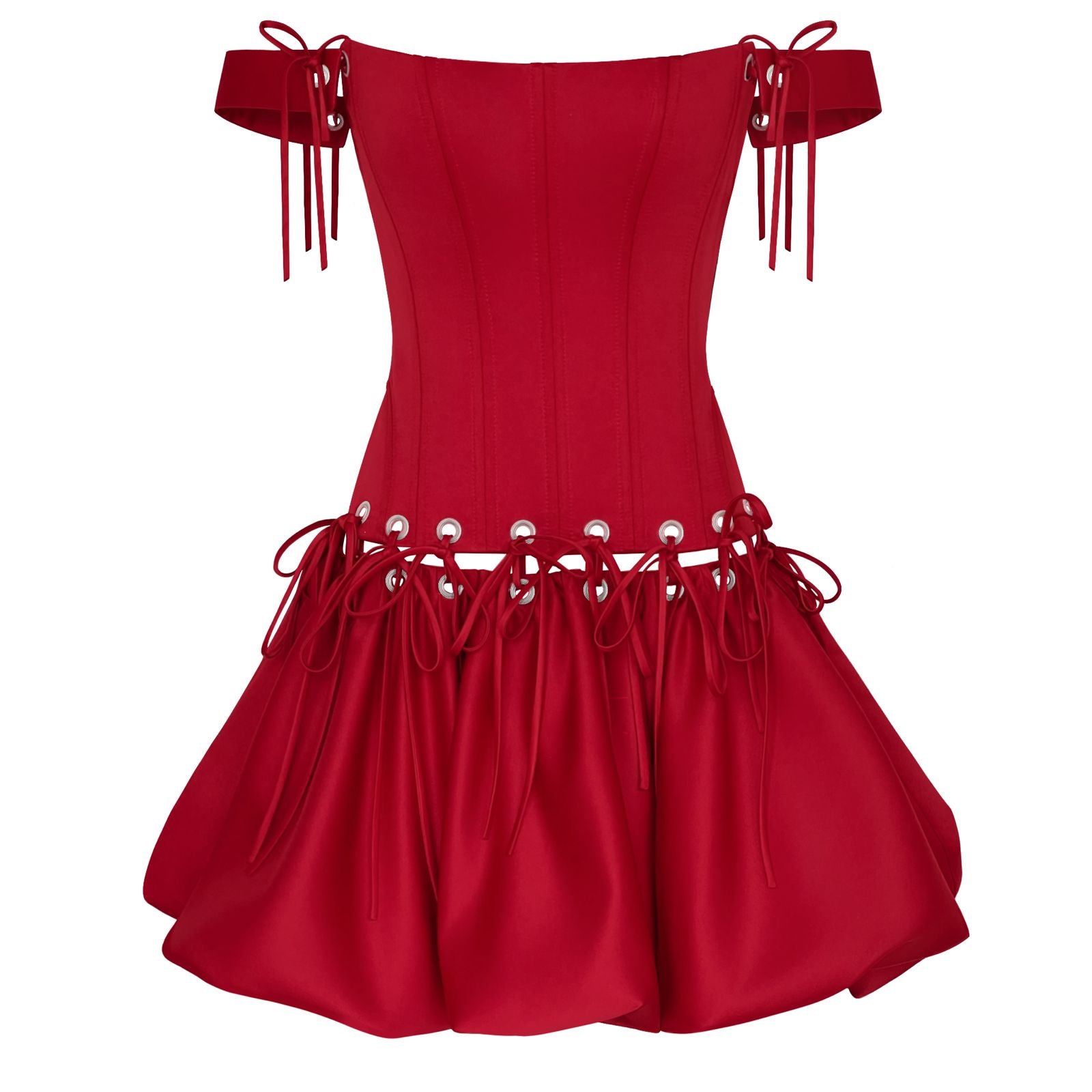 Red mini dress with short off shoulder sleeves and laces