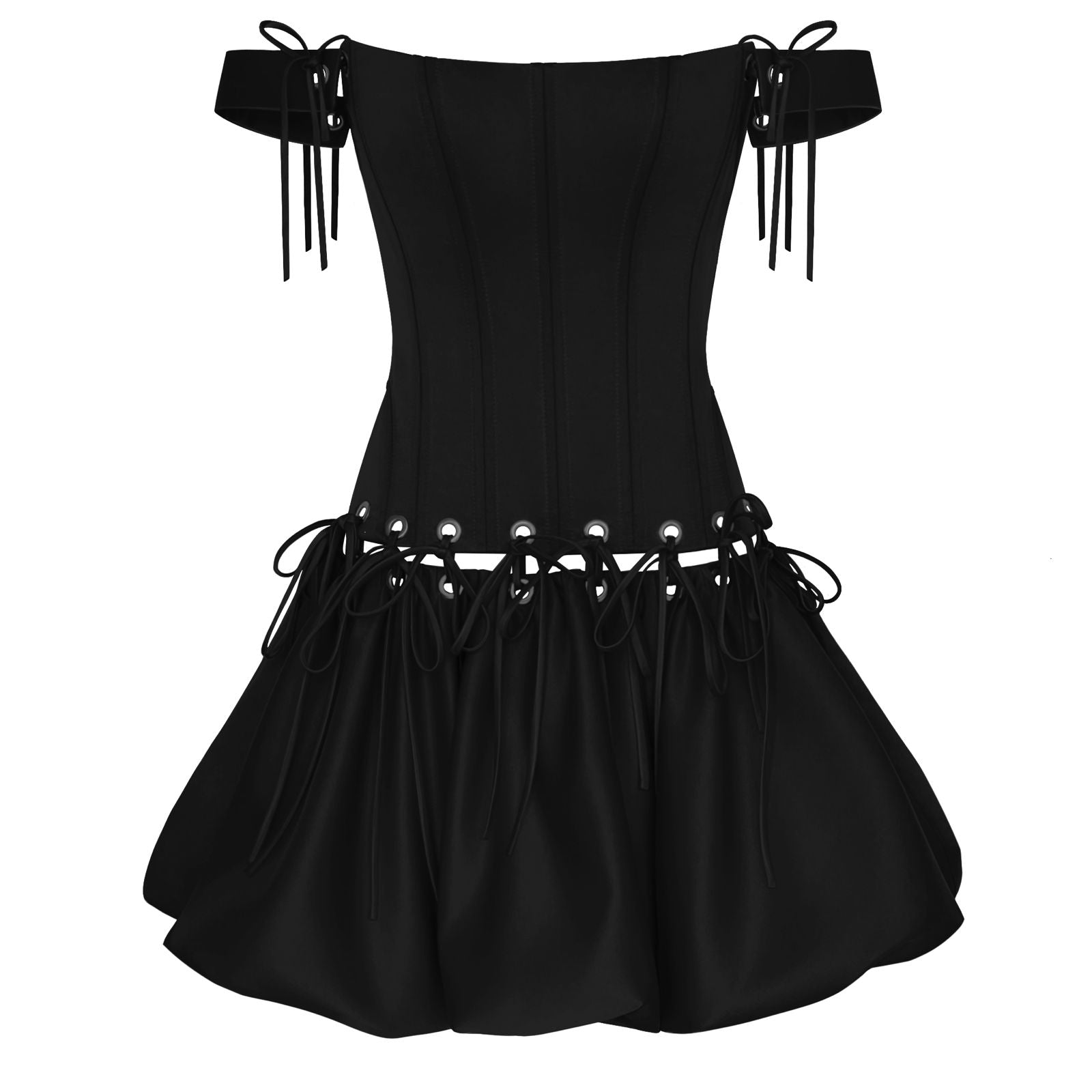 Black mini dress with short off shoulder sleeves and laces