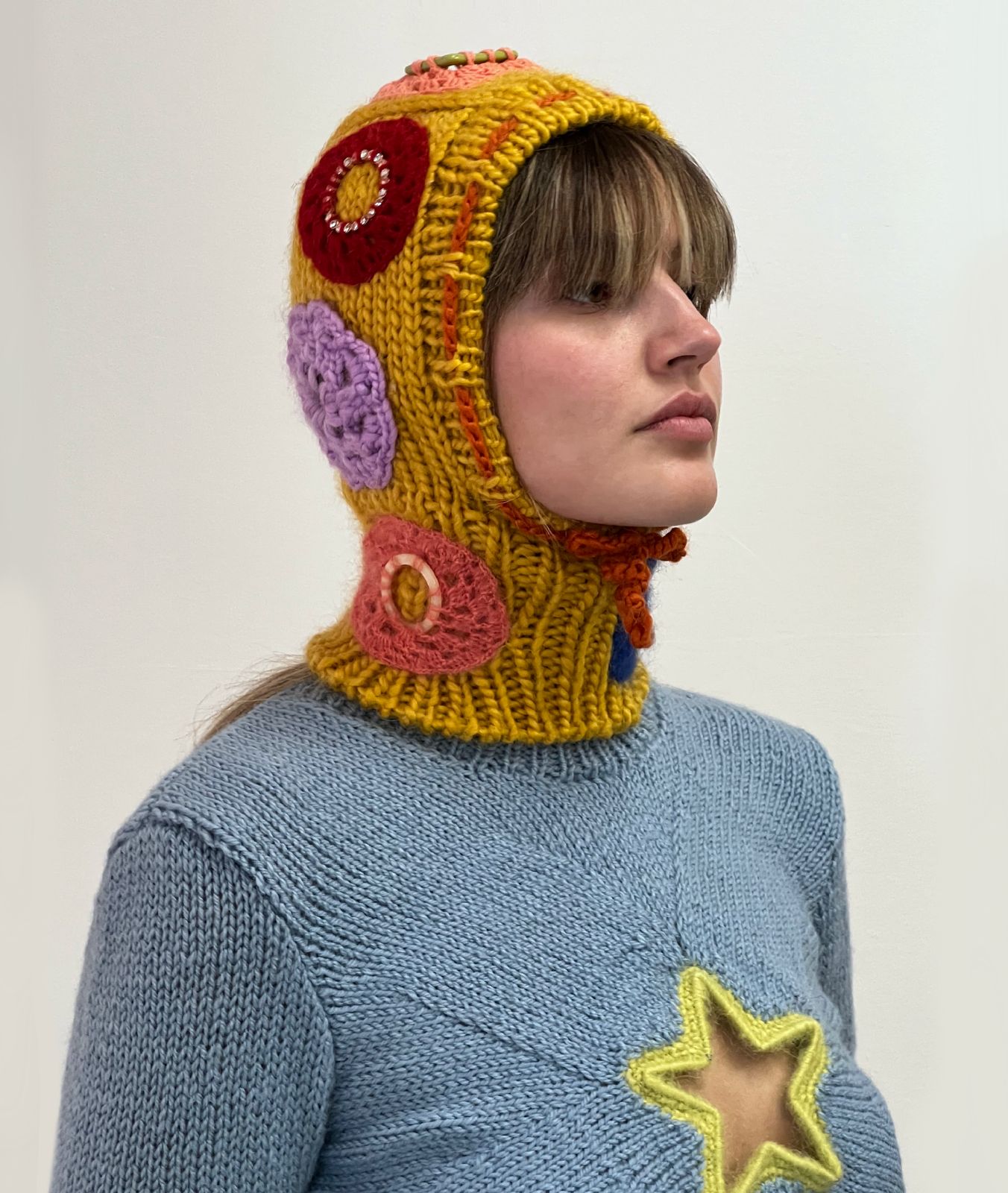 Orange embroidered Hand Knitted Balaclava