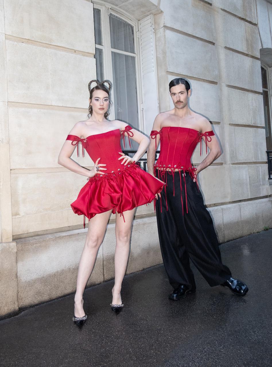 Red mini dress with short off shoulder sleeves and laces