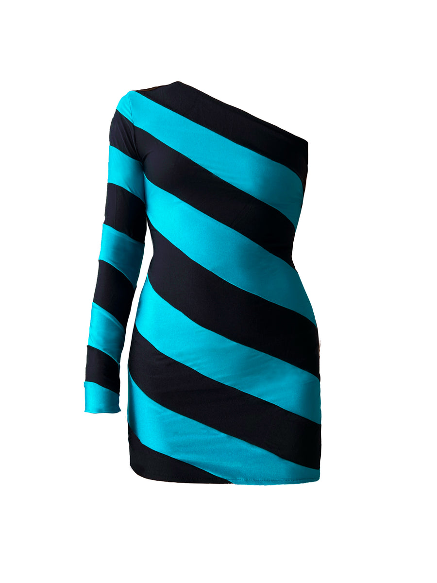 Turquoise & Black Stripe Mini Dress