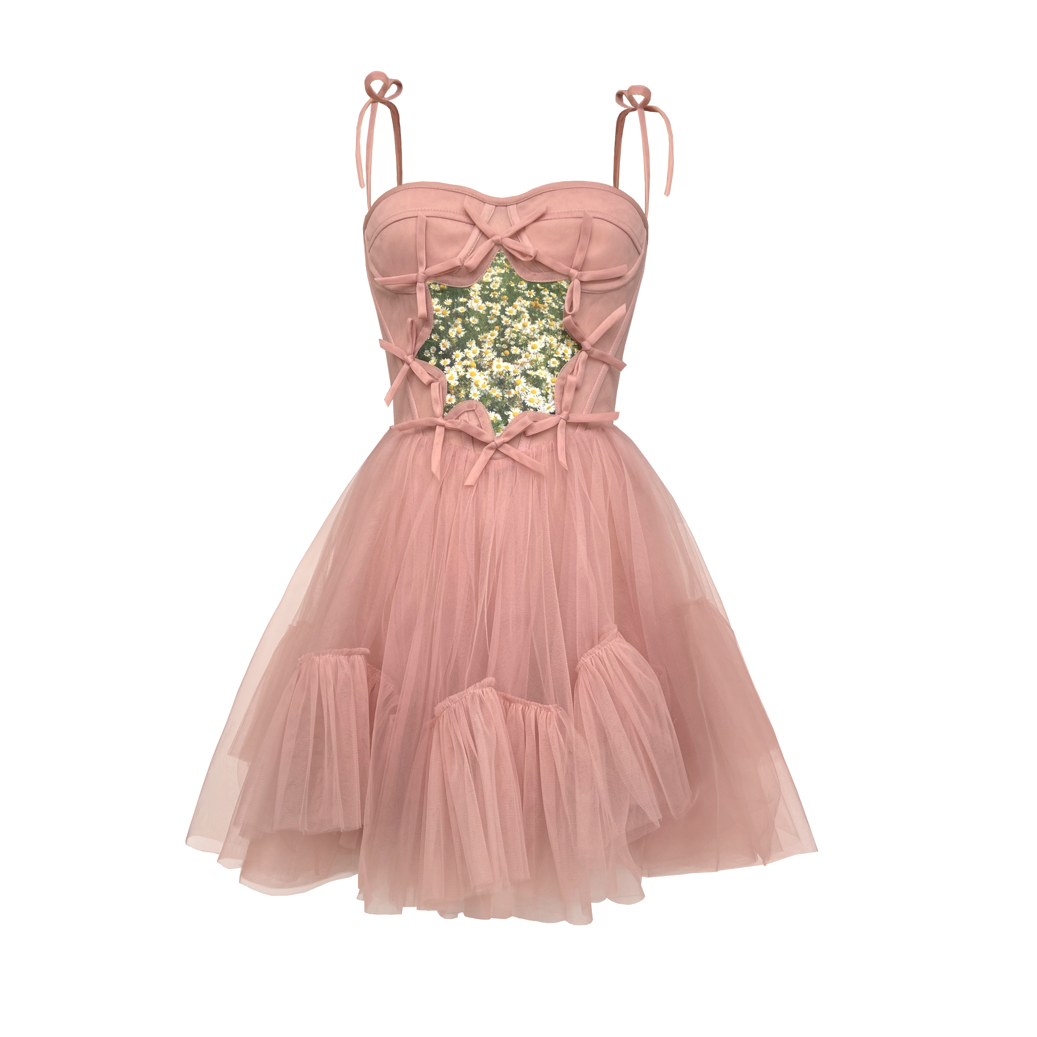 A pink mini dress with a pleated design and embellished bodice, featuring tie straps and a knee-length skirt.