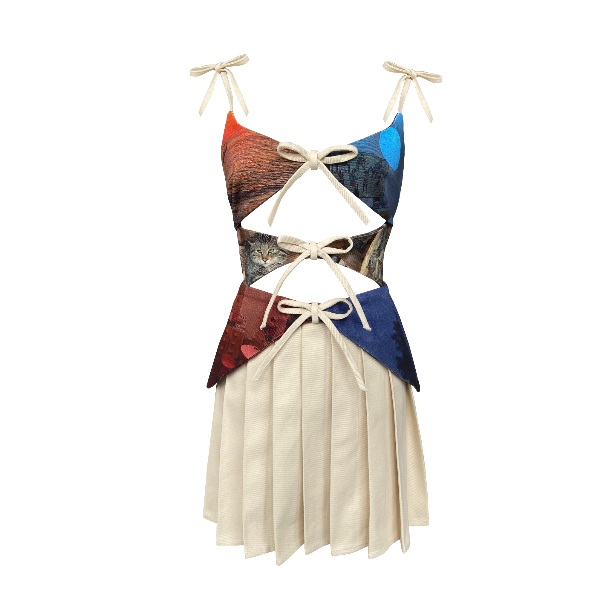 A denim dress with a pleated skirt and a multicolored top featuring a geometric pattern. The dress has tie-up strings at the front.