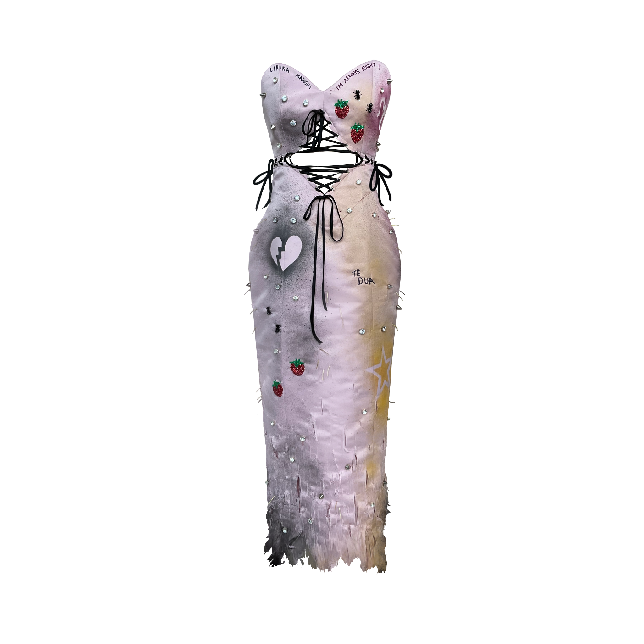 A maxi dress with a heart-shaped neckline, decorated with beads and sequins, featuring a multicolored pattern.