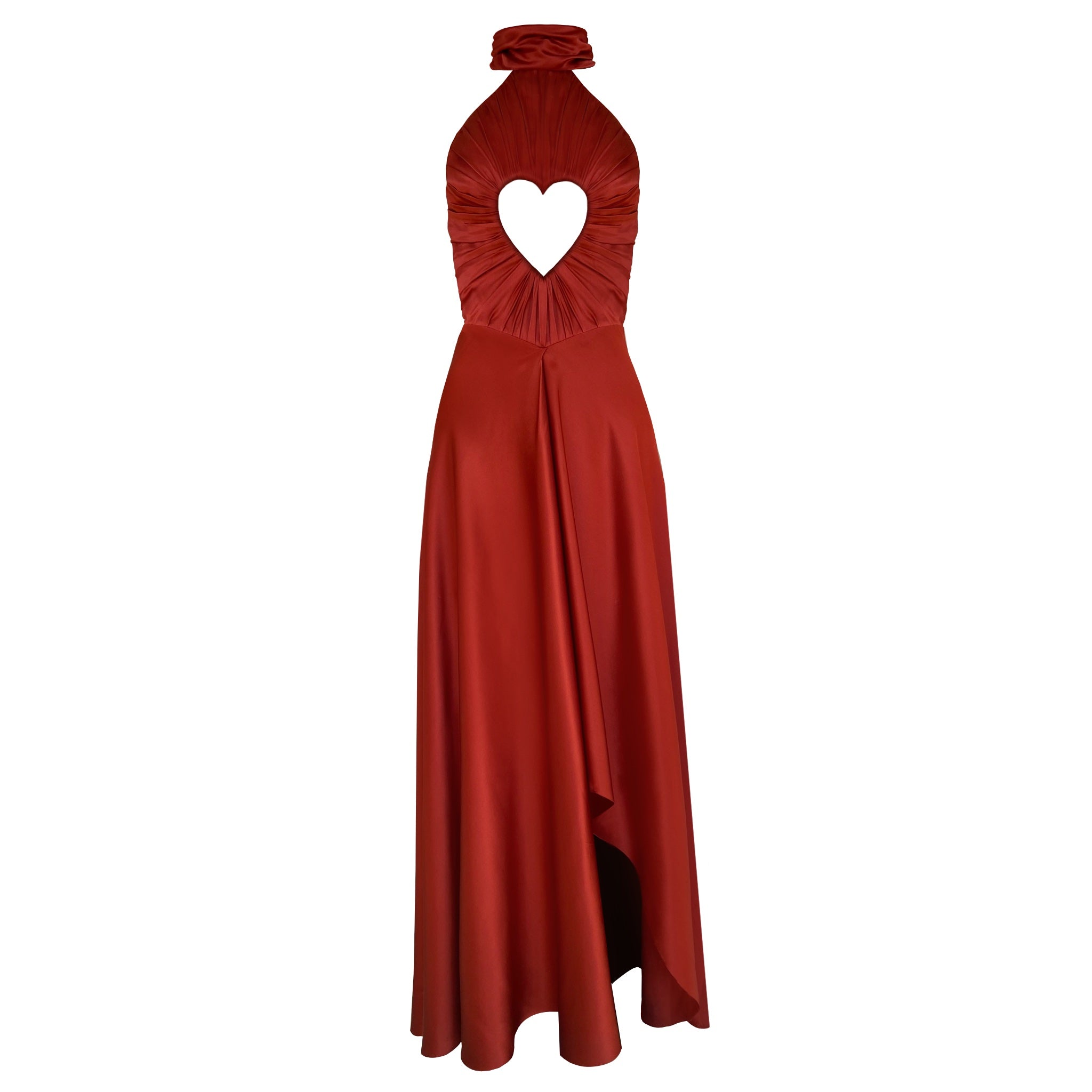 A maroon sleeveless maxi dress with a heart cutout at the back neckline, made of silk fabric.
