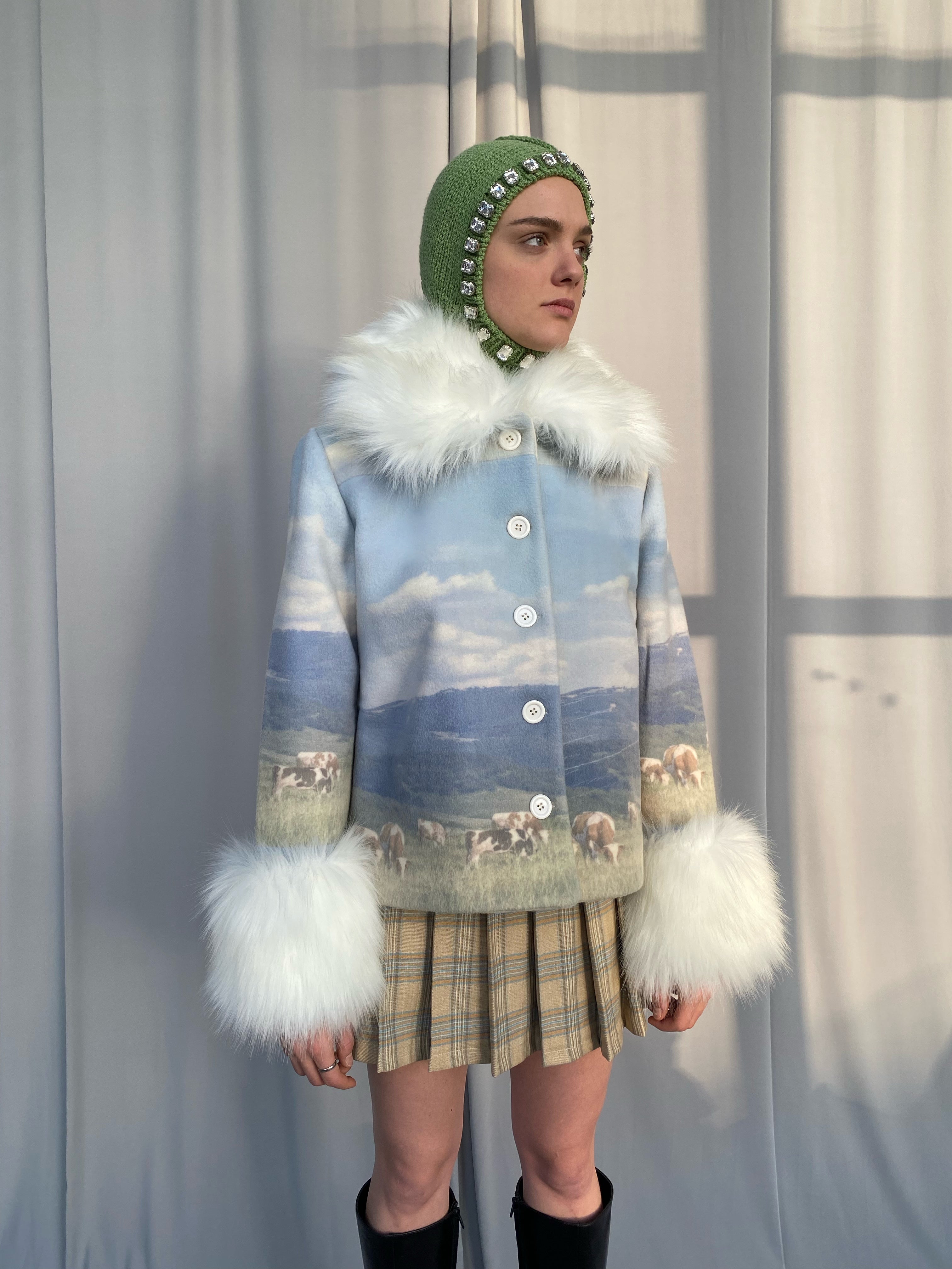 coat with fur and landscape print