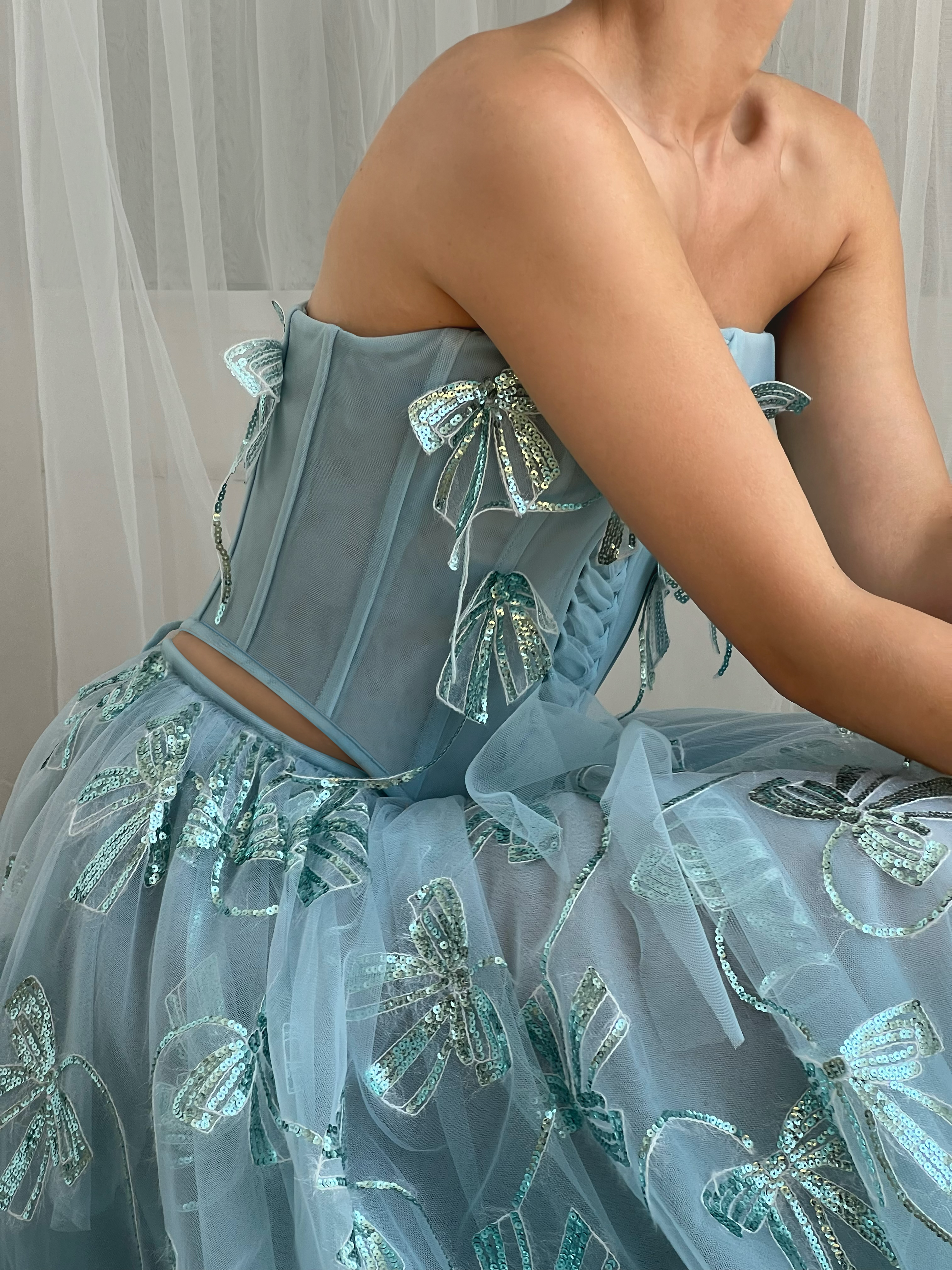 Blue midi two piece dress with embroidered butterflies