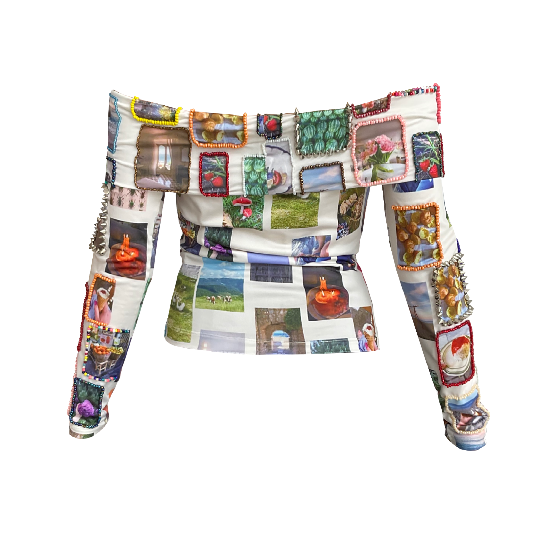 beaded top with embroidered pictures
