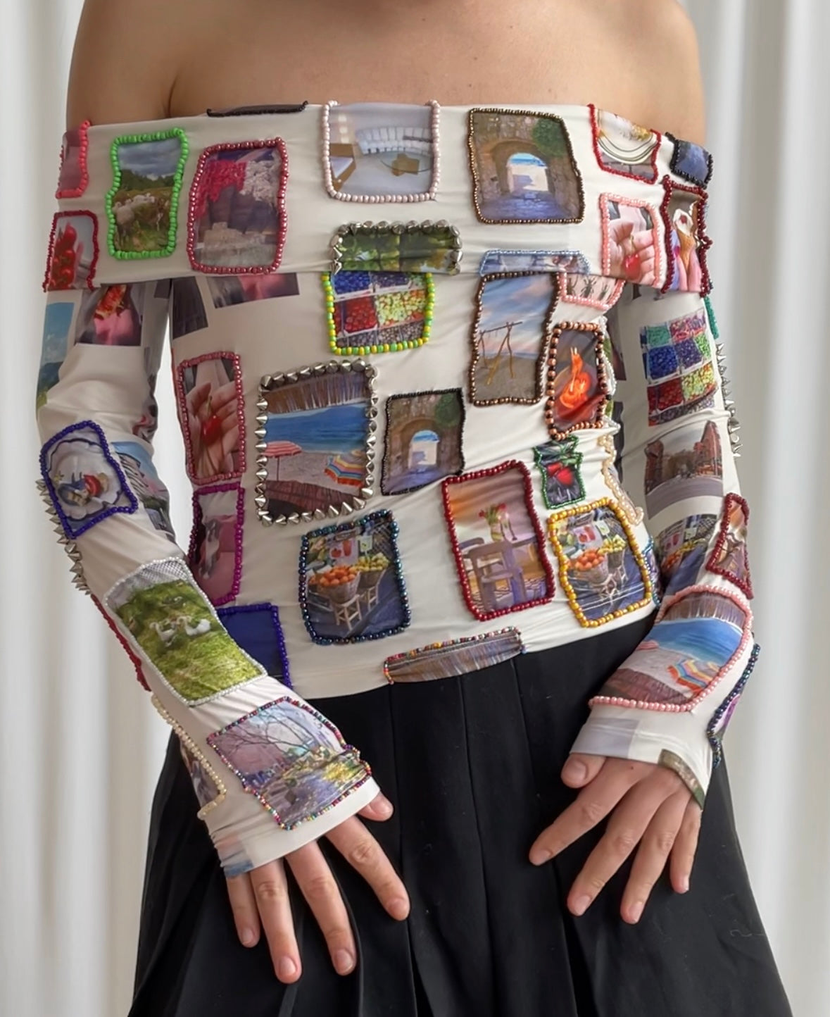 beaded top with embroidered pictures