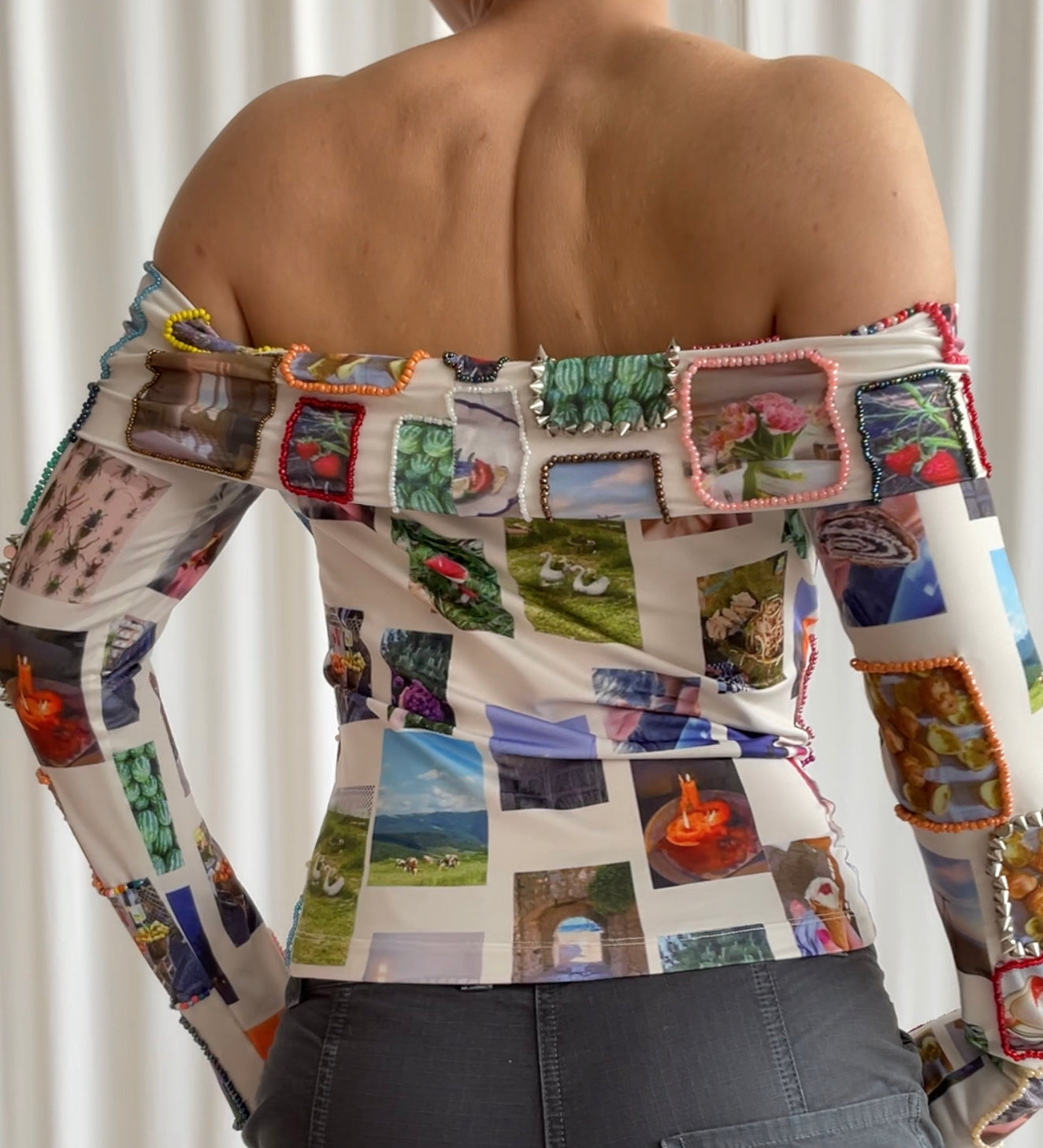 beaded top with embroidered pictures