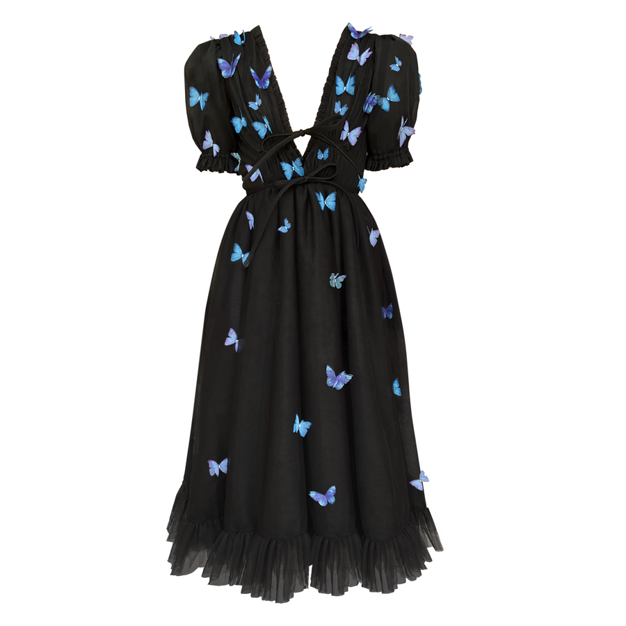 Black midi dress with embroidered butterflies, short sleeves and v-neck
