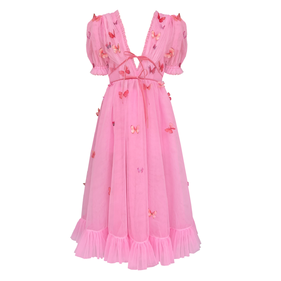 Pink midi dress with embroidered butterflies, short sleeves and v-neck