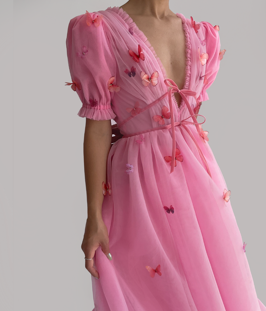 Pink midi dress with embroidered butterflies, short sleeves and v-neck