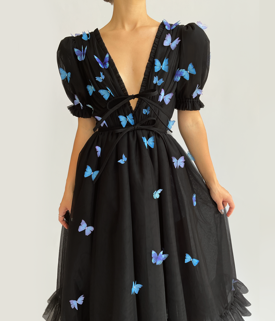 Black midi dress with embroidered butterflies, short sleeves and v-neck