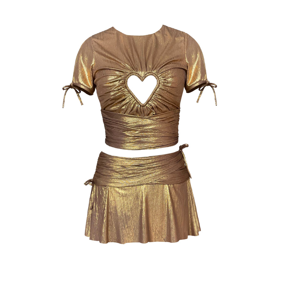 Gold mini two piece dress with heart and short sleeves