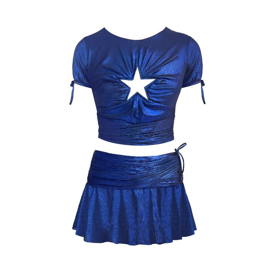 Blue mini two piece dress with star and short sleeves