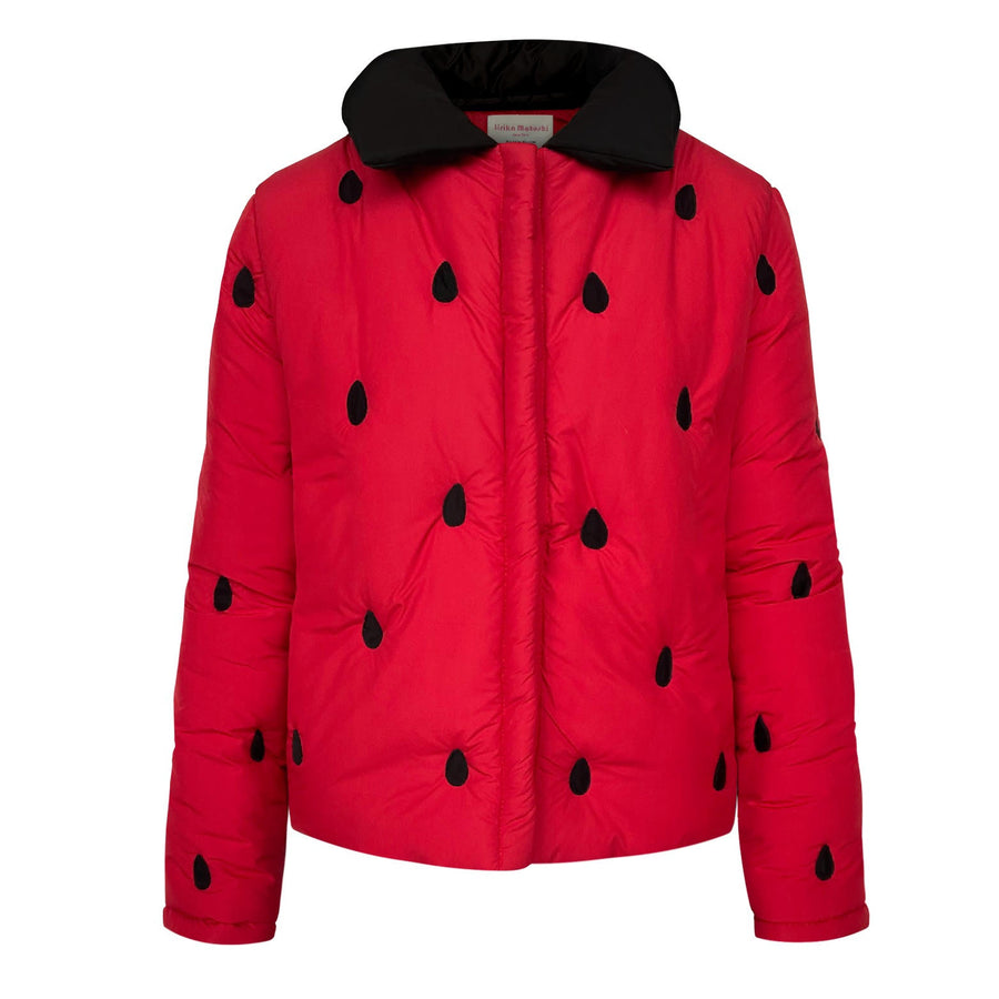 Red puffer jacket with strawberry design