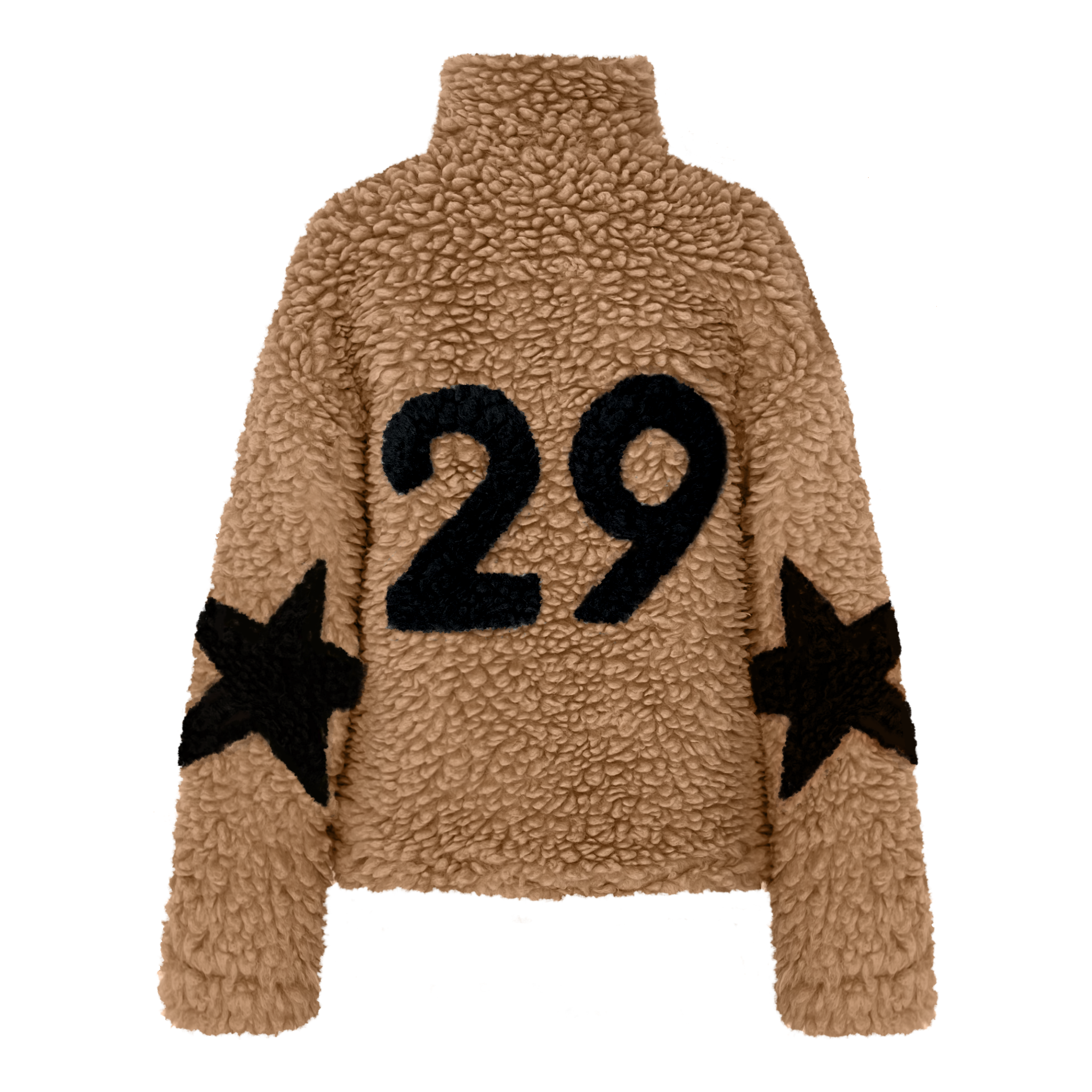 Brown fleece jacket with black numbers and stars