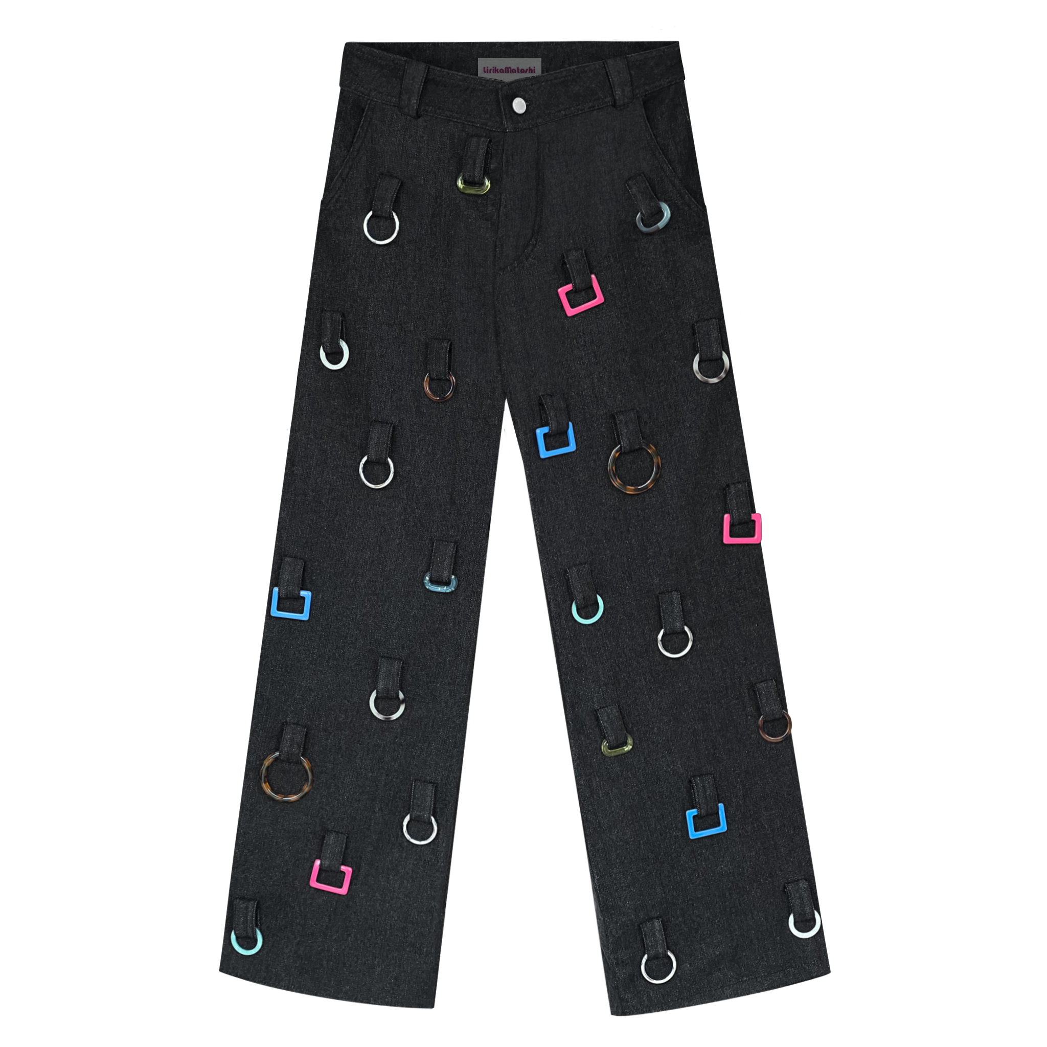 Black denim pants with colorful hoops